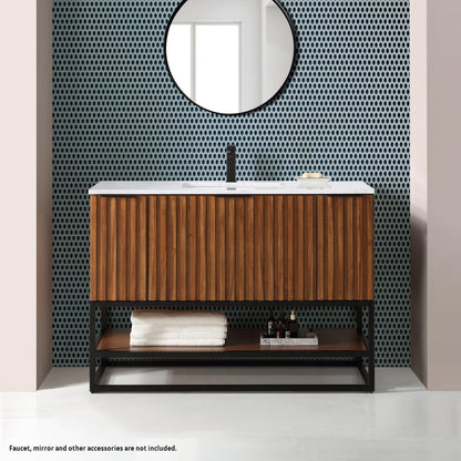Bemma Design Terra 48" Walnut Solid Wood Freestanding Bathroom Vanity With Single 1-Hole White Quartz Vanity Top, Rectangle Undermount Sink and Matte Black Trim