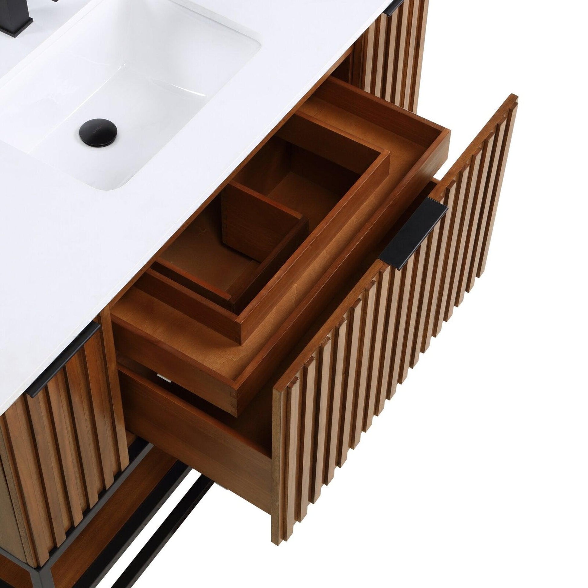 Bemma Design Terra 48" Walnut Solid Wood Freestanding Bathroom Vanity With Single 1-Hole White Quartz Vanity Top, Rectangle Undermount Sink and Matte Black Trim