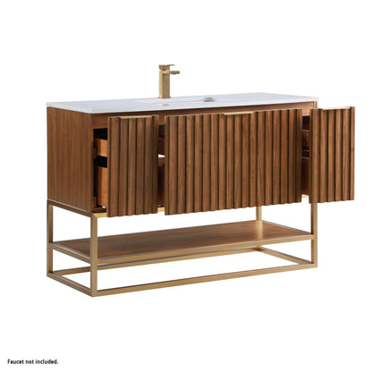 Bemma Design Terra 48" Walnut Solid Wood Freestanding Bathroom Vanity With Single 1-Hole White Quartz Vanity Top, Rectangle Undermount Sink and Satin Brass Trim