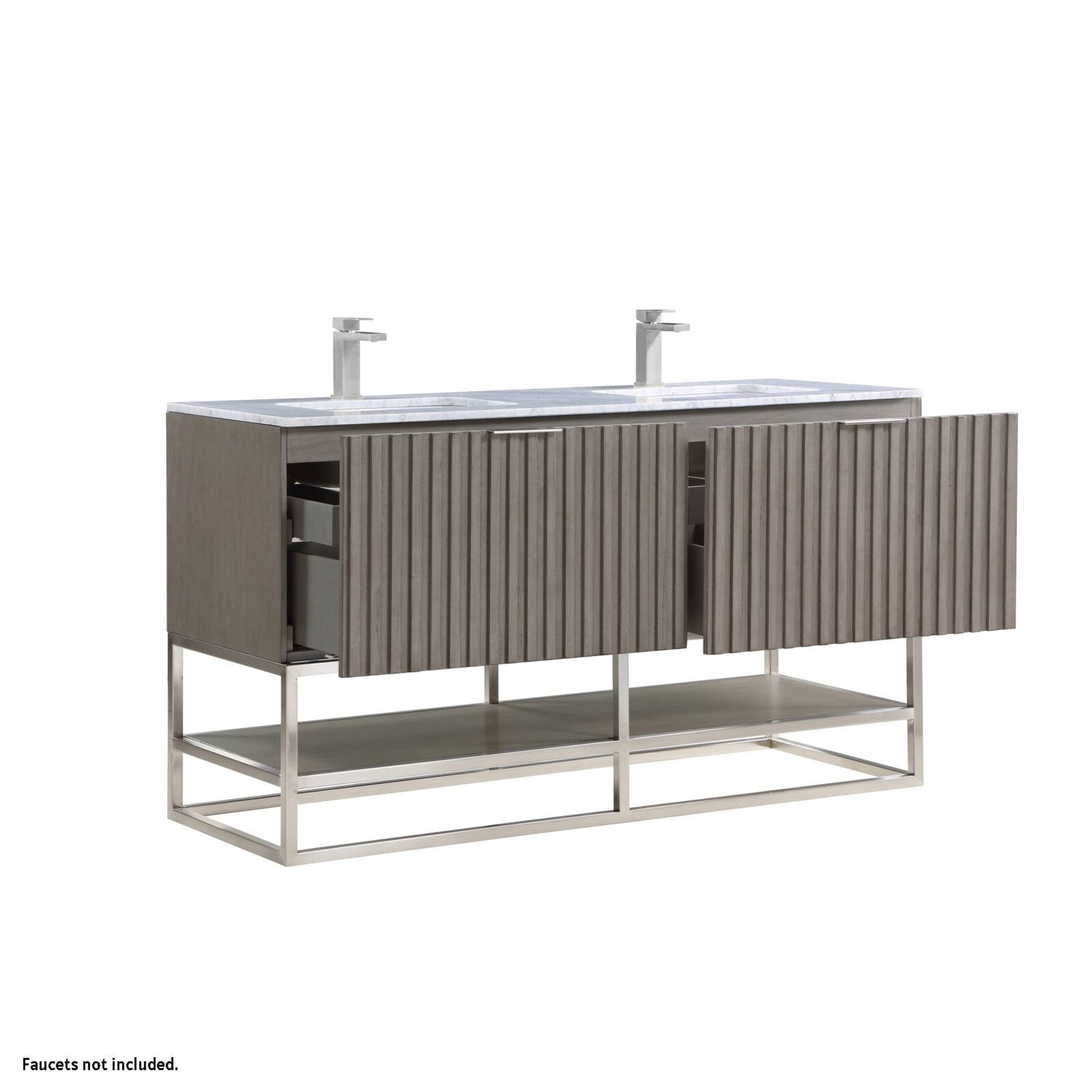 Bemma Design Terra 60" Graywash Solid Wood Freestanding Bathroom Vanity With Double 1-Hole Italian Carra Marble Vanity Top, Rectangle Undermount Sink and Brushed Nickel Trim
