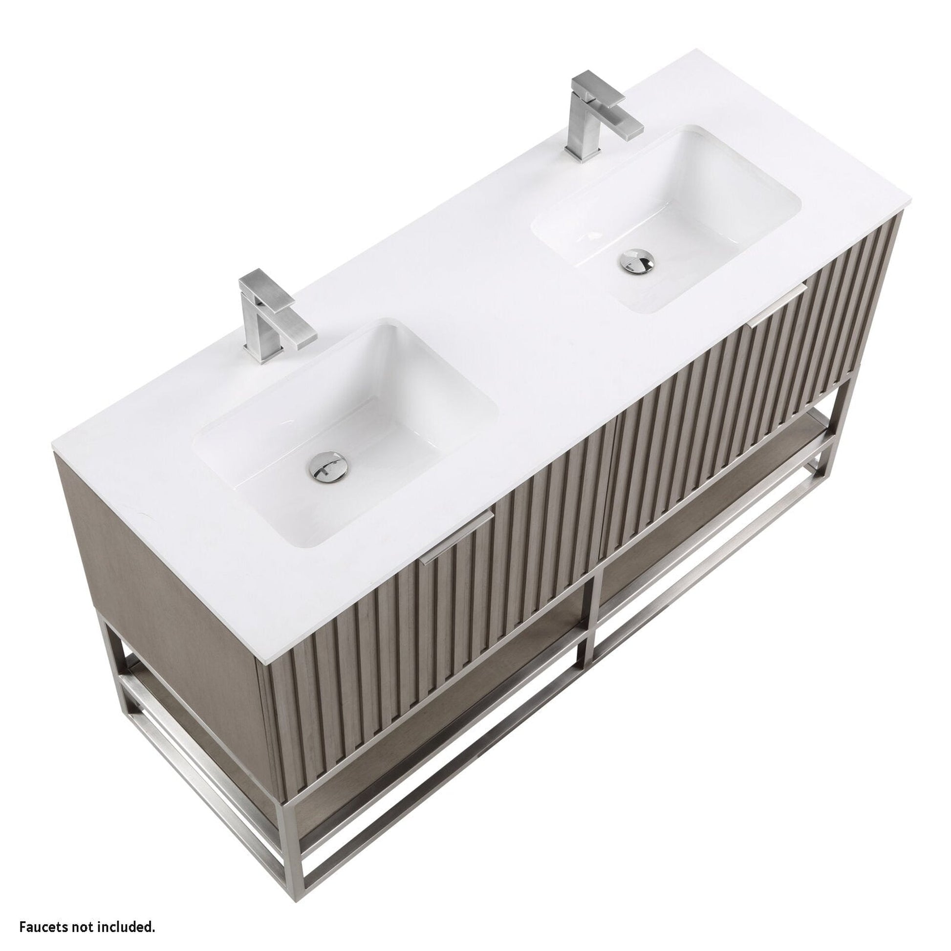 Bemma Design Terra 60" Graywash Solid Wood Freestanding Bathroom Vanity With Double 1-Hole White Quartz Vanity Top, Rectangle Undermount Sink and Brushed Nickel Trim