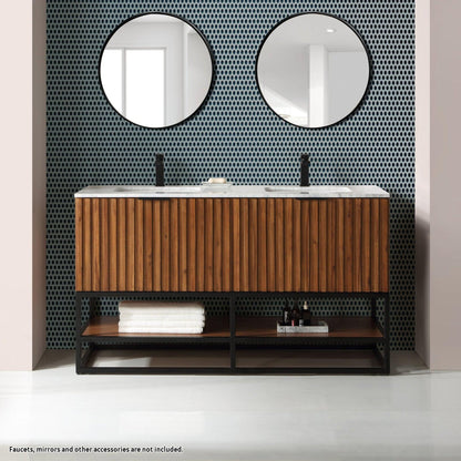Bemma Design Terra 60" Walnut Solid Wood Freestanding Bathroom Vanity With Double 1-Hole Italian Carra Marble Vanity Top, Rectangle Undermount Sink and Matte Black Trim