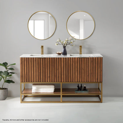 Bemma Design Terra 60" Walnut Solid Wood Freestanding Bathroom Vanity With Double 1-Hole Italian Carra Marble Vanity Top, Rectangle Undermount Sink and Satin Brass Trim