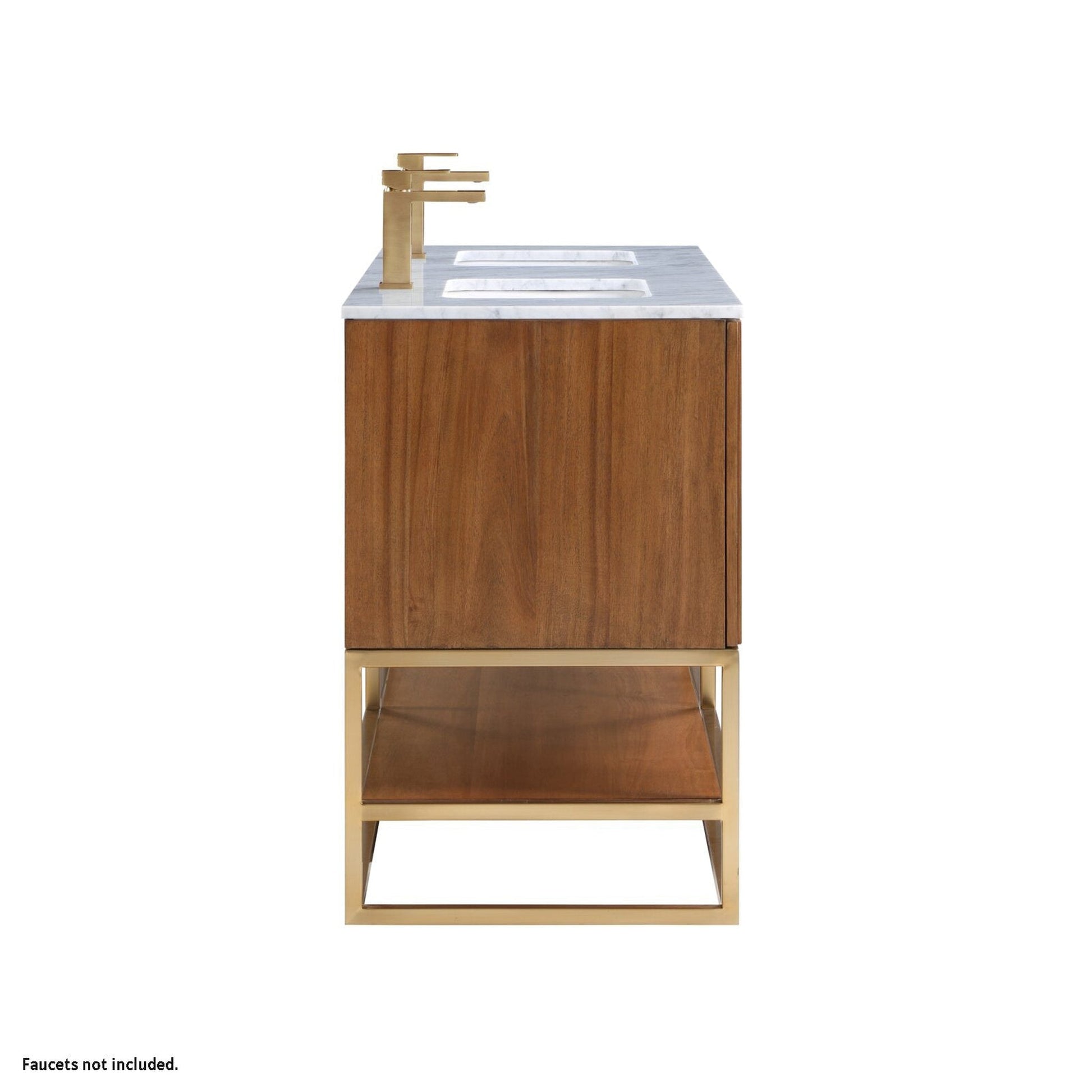 Bemma Design Terra 60" Walnut Solid Wood Freestanding Bathroom Vanity With Double 1-Hole Italian Carra Marble Vanity Top, Rectangle Undermount Sink and Satin Brass Trim
