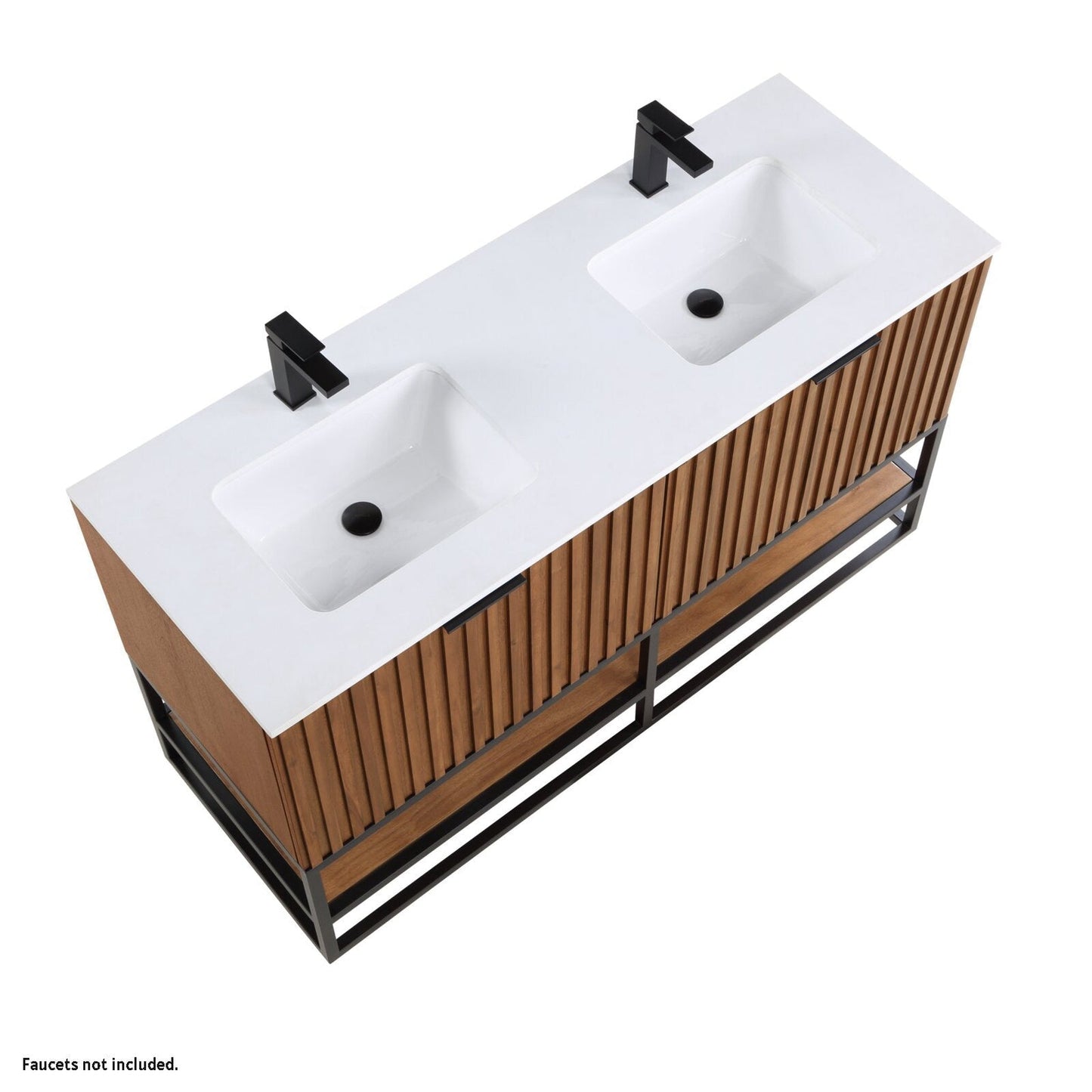 Bemma Design Terra 60" Walnut Solid Wood Freestanding Bathroom Vanity With Double 1-Hole White Quartz Vanity Top, Rectangle Undermount Sink and Matte Black Trim