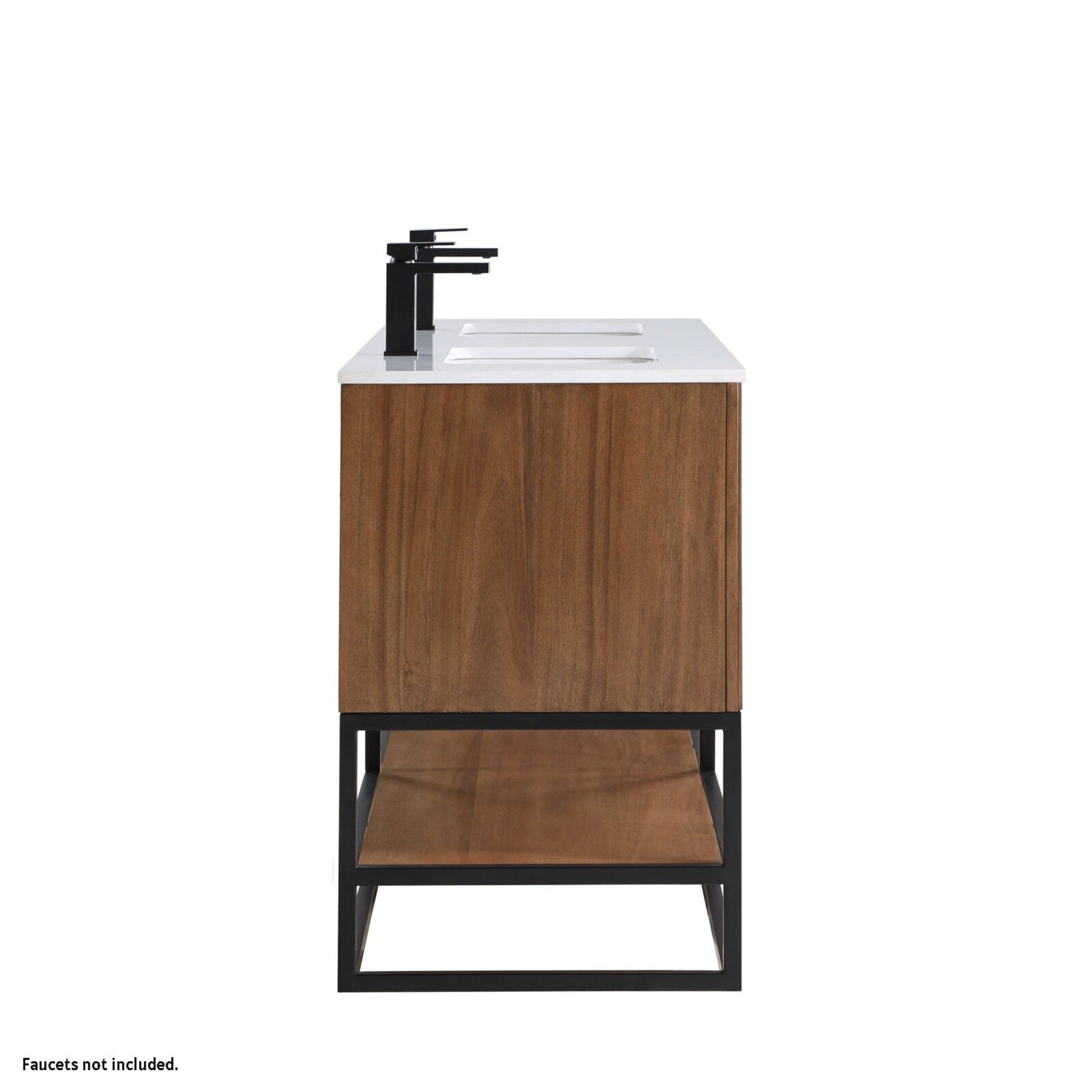Bemma Design Terra 60" Walnut Solid Wood Freestanding Bathroom Vanity With Double 1-Hole White Quartz Vanity Top, Rectangle Undermount Sink and Matte Black Trim