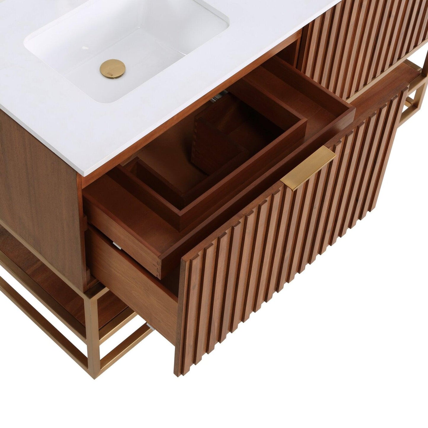 Bemma Design Terra 60" Walnut Solid Wood Freestanding Bathroom Vanity With Double 1-Hole White Quartz Vanity Top, Rectangle Undermount Sink and Satin Brass Trim