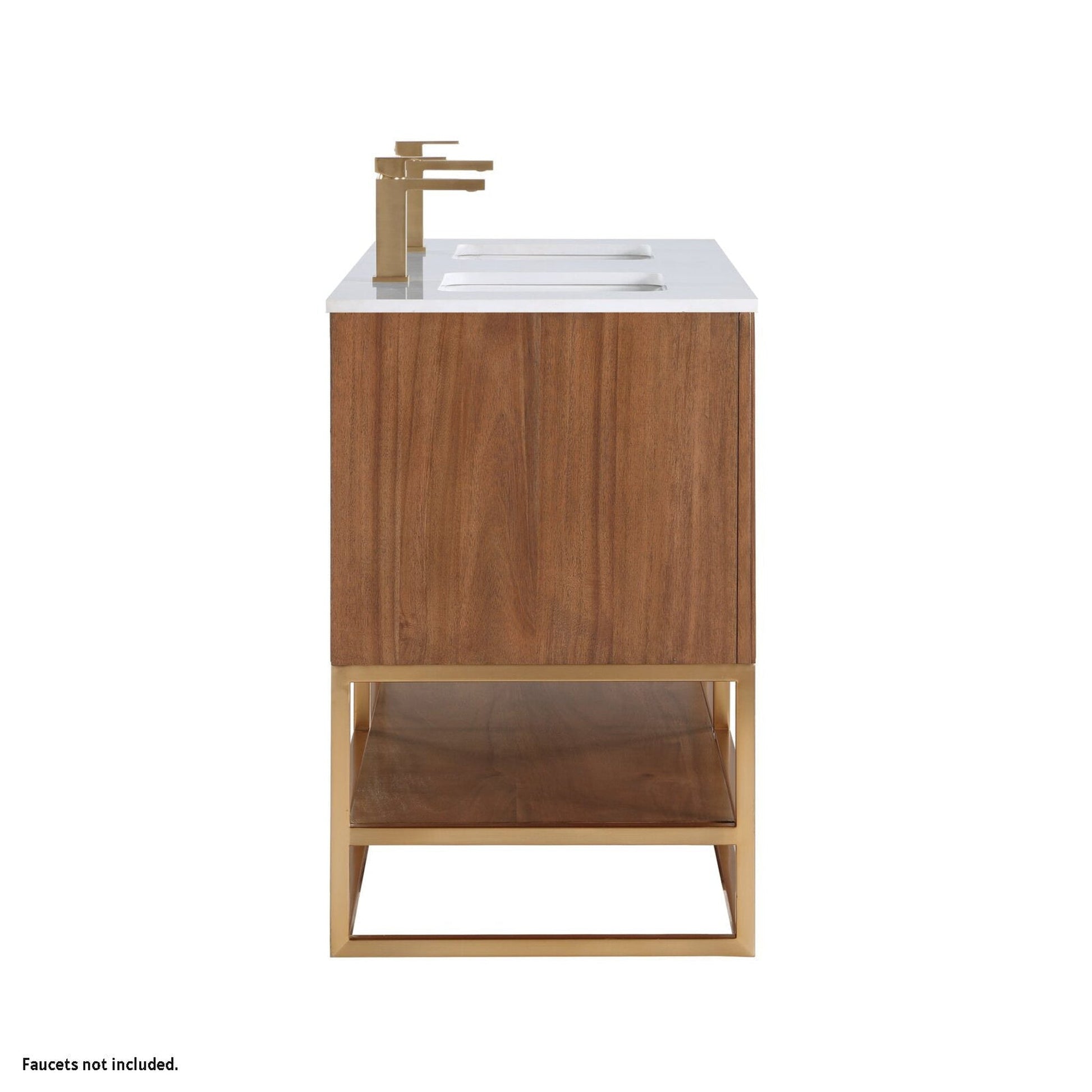 Bemma Design Terra 60" Walnut Solid Wood Freestanding Bathroom Vanity With Double 1-Hole White Quartz Vanity Top, Rectangle Undermount Sink and Satin Brass Trim