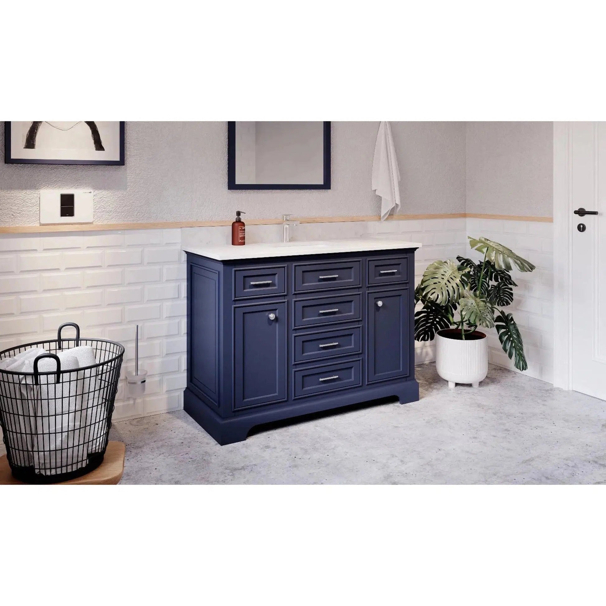Bienal Talia 48" Navy Blue 6-Drawer 2-Door Vanity With Sivec Marble Countertop and Single Porcelain Sink