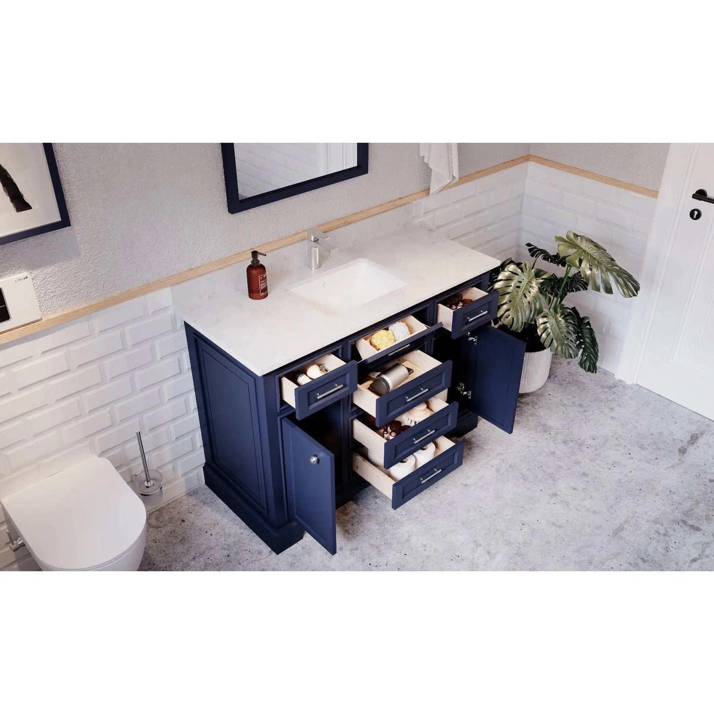Bienal Talia 48" Navy Blue 6-Drawer 2-Door Vanity With Sivec Marble Countertop and Single Porcelain Sink