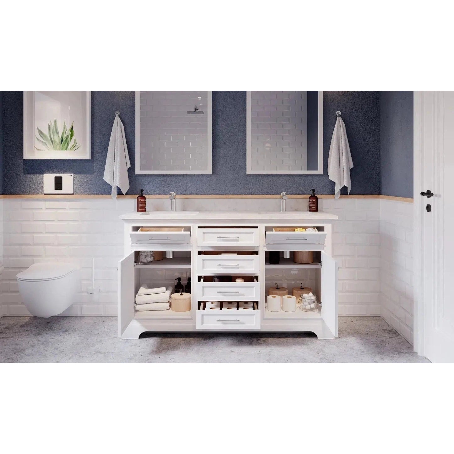 Bienal Talia 60" White 6-Drawer 2-Door Vanity With Sivec Marble Countertop and Double Porcelain Sink