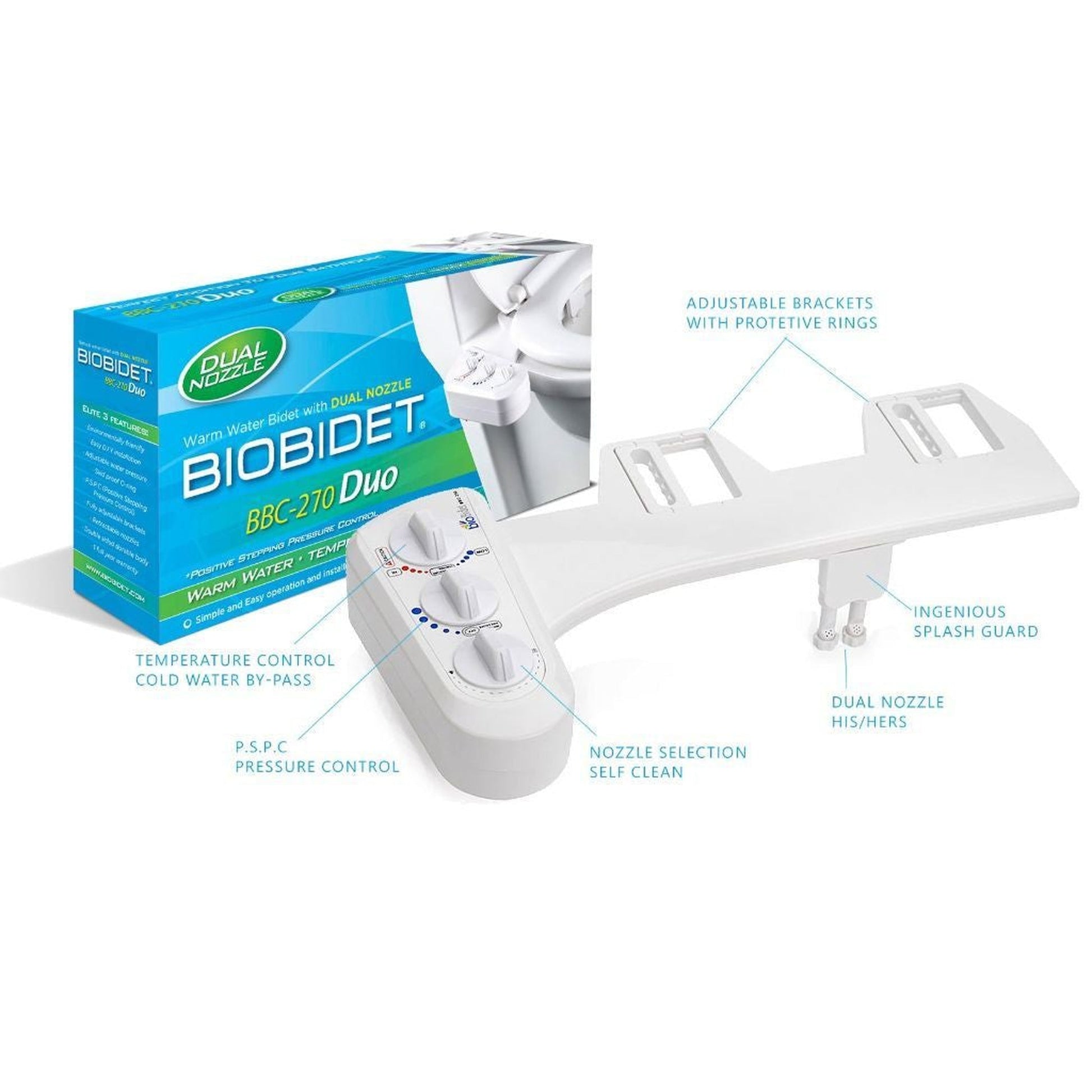 Bio Bidet BB-270 17" White Duo Non-Electric Bidet Attachment With Retractable Dual Nozzle