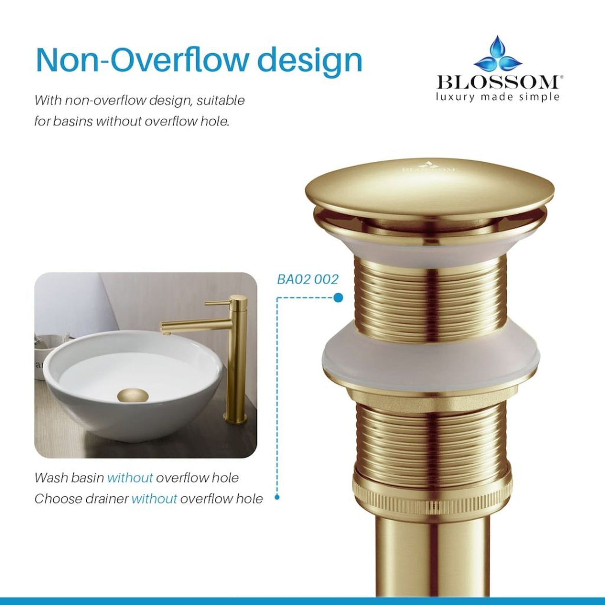 Blossom 1.25" Brushed Gold Brass Pop-Up Sink Drain Without Overflow