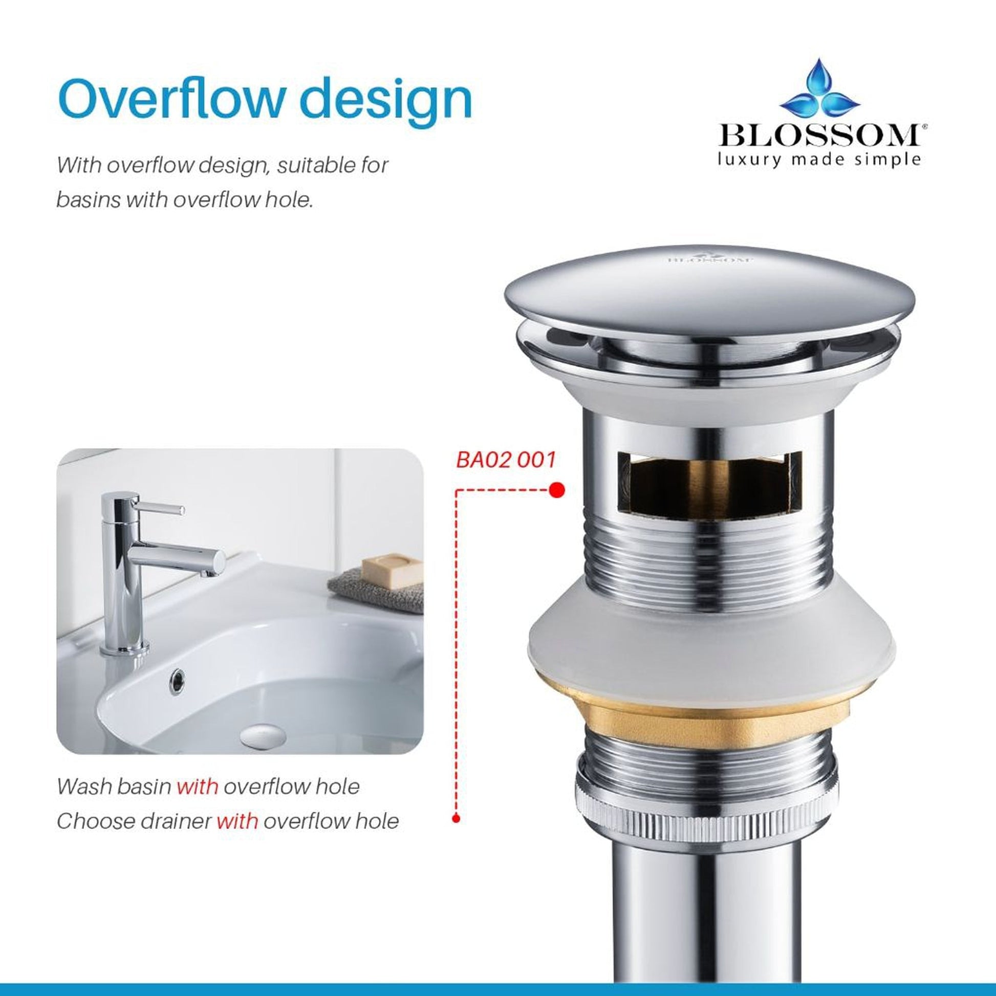 Blossom 1.25" Chrome Brass Pop-Up Sink Drain With Overflow