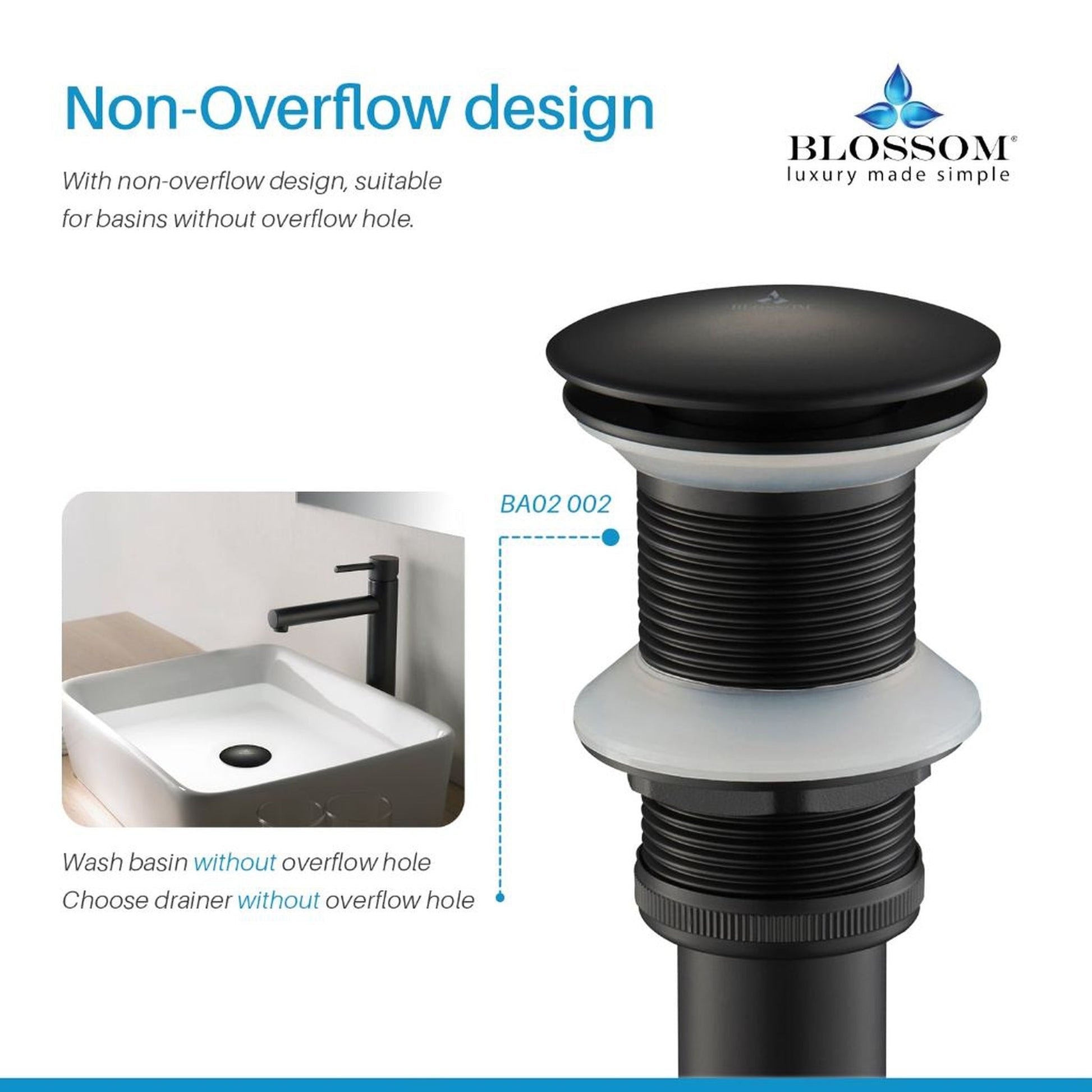Blossom Matte Black Brass Pop-Up Sink Drain Without Overflow
