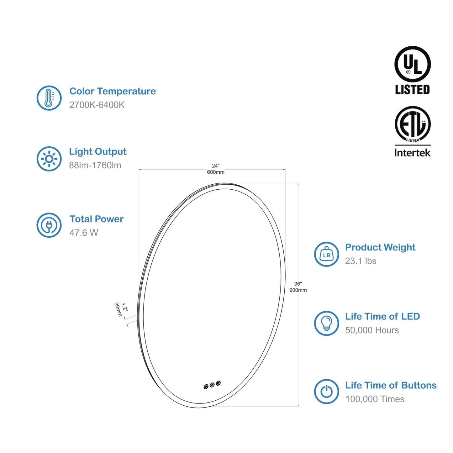 Blossom 24" x 36" Wall-Mounted Oval LED Mirror