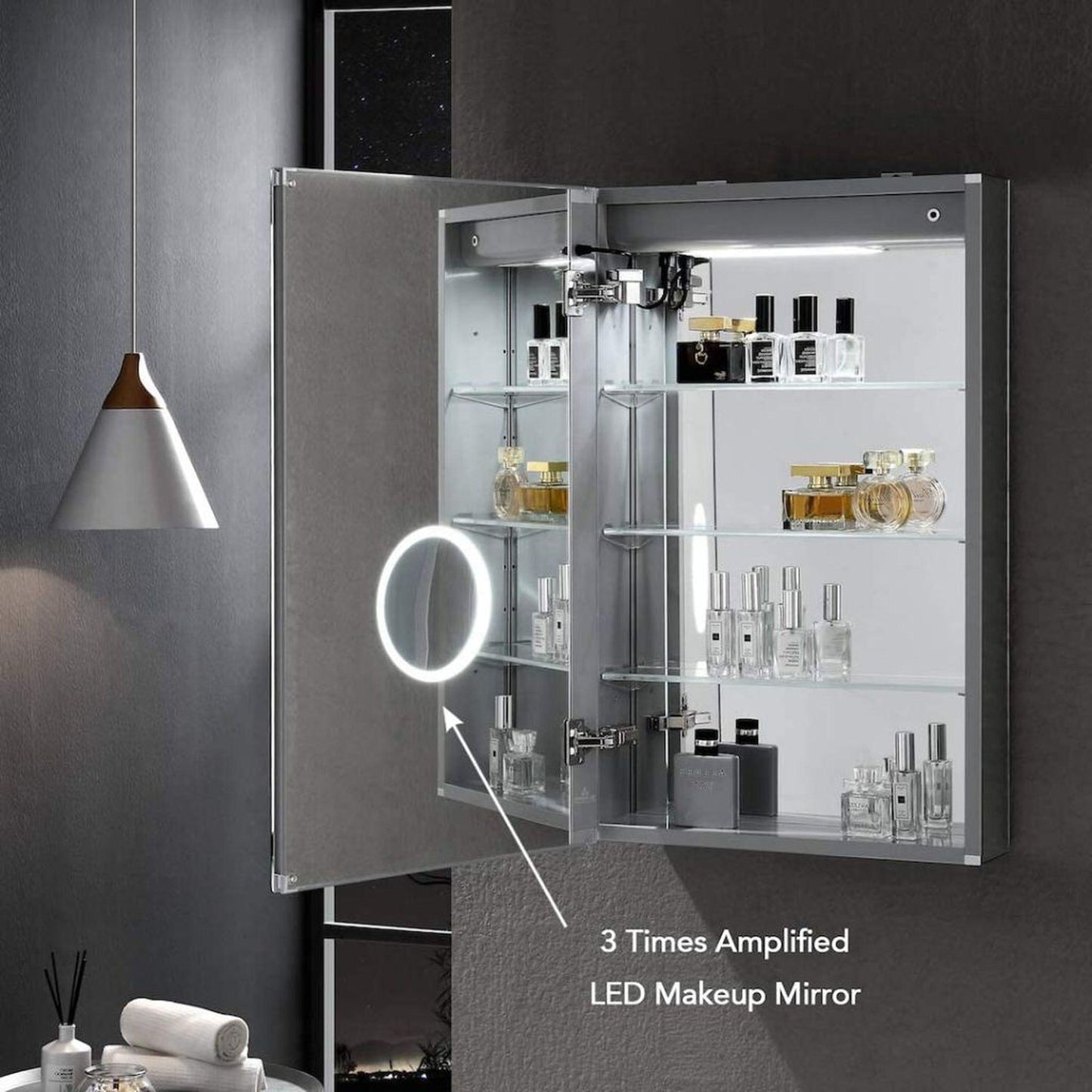 Blossom Asta 20" x 32" Recessed or Surface Mount Left-Hinged Door LED Mirror Medicine Cabinet With 3 Adjustable Glass Shelves, Built-In Defogger, Dimmer, USB & Electrical Outlet