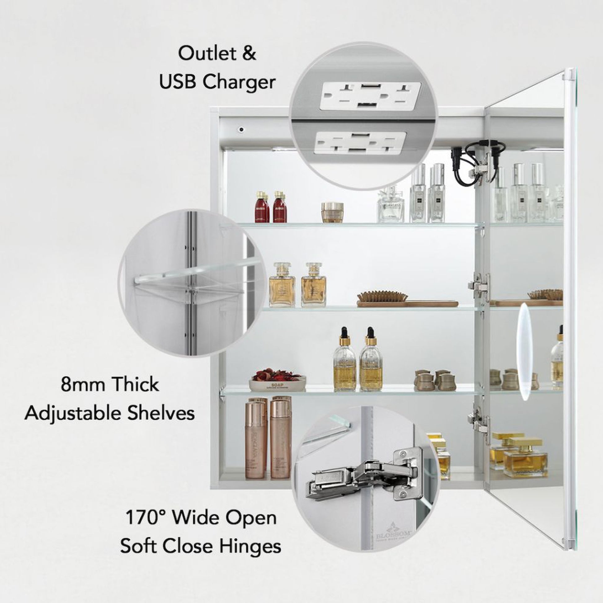 Blossom Asta 20" x 32" Recessed or Surface Mount Right-Hinged Door LED Mirror Medicine Cabinet With 3 Adjustable Glass Shelves, Built-In Defogger, Dimmer, USB & Electrical Outlet