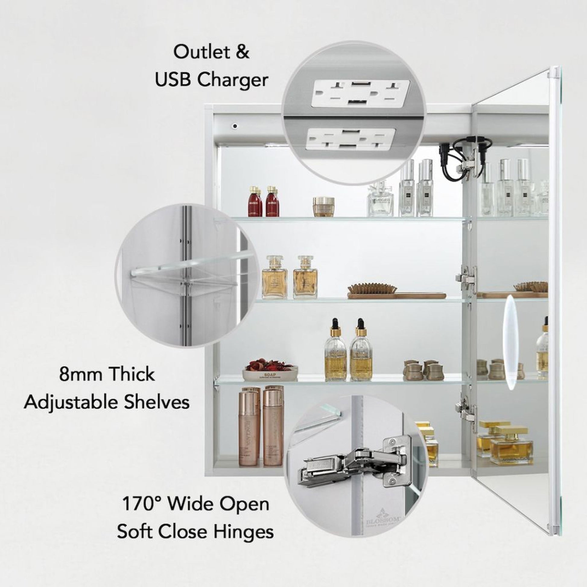Blossom Asta 24" x 32" Recessed or Surface Mount Right-Hinged Door LED Mirror Medicine Cabinet With 3 Adjustable Glass Shelves, Built-In Defogger, Dimmer, USB & Electrical Outlet