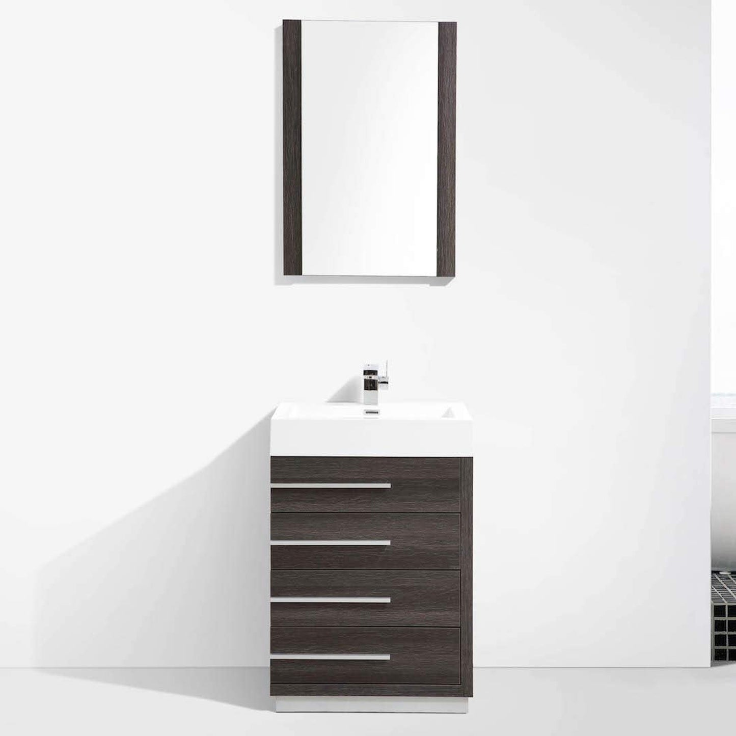 Blossom Barcelona 24" 4-Drawer Dark Oak Freestanding Vanity With Mirror, Acrylic Vanity Top With Integrated Single Sink And Overflow