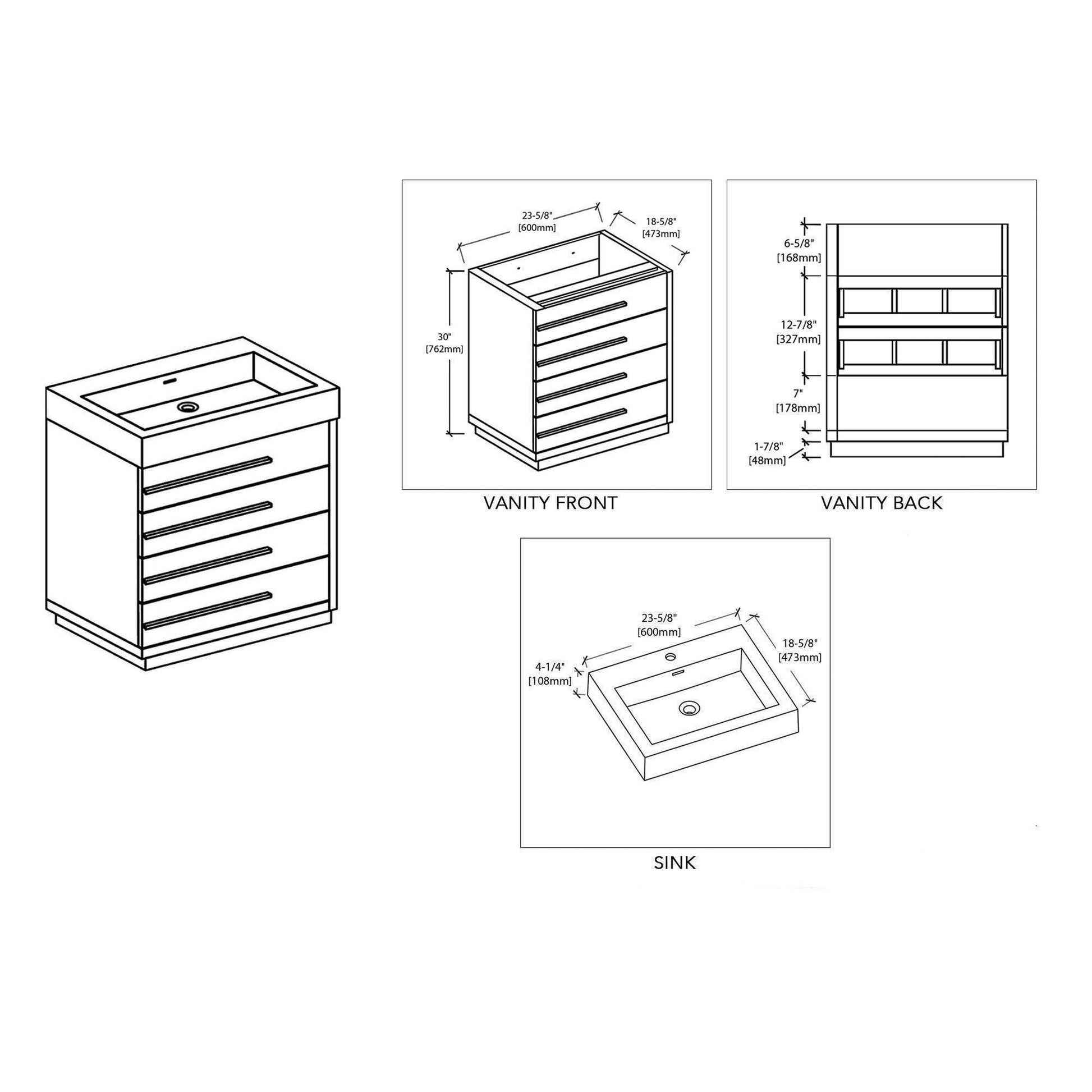 Blossom Barcelona 24" 4-Drawer White Freestanding Vanity With Acrylic Vanity Top With Integrated Single Sink And Overflow