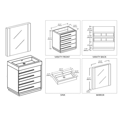 Blossom Barcelona 30" 4-Drawer Gray Oak Freestanding Vanity Set With Acrylic Drop-In Single Sink And Mirror
