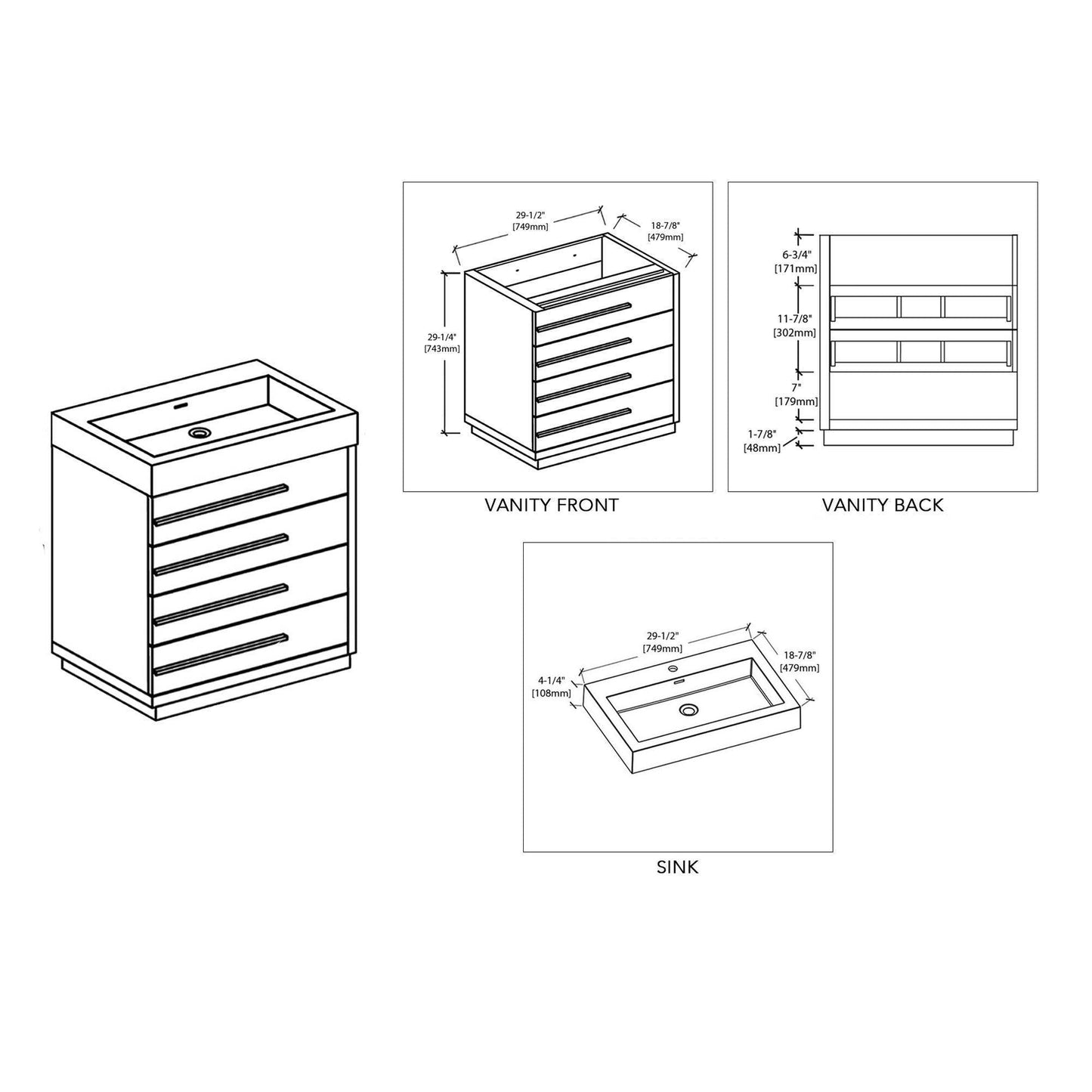 Blossom Barcelona 30" 4-Drawer White Freestanding Vanity Set With Acrylic Drop-In Single Sink