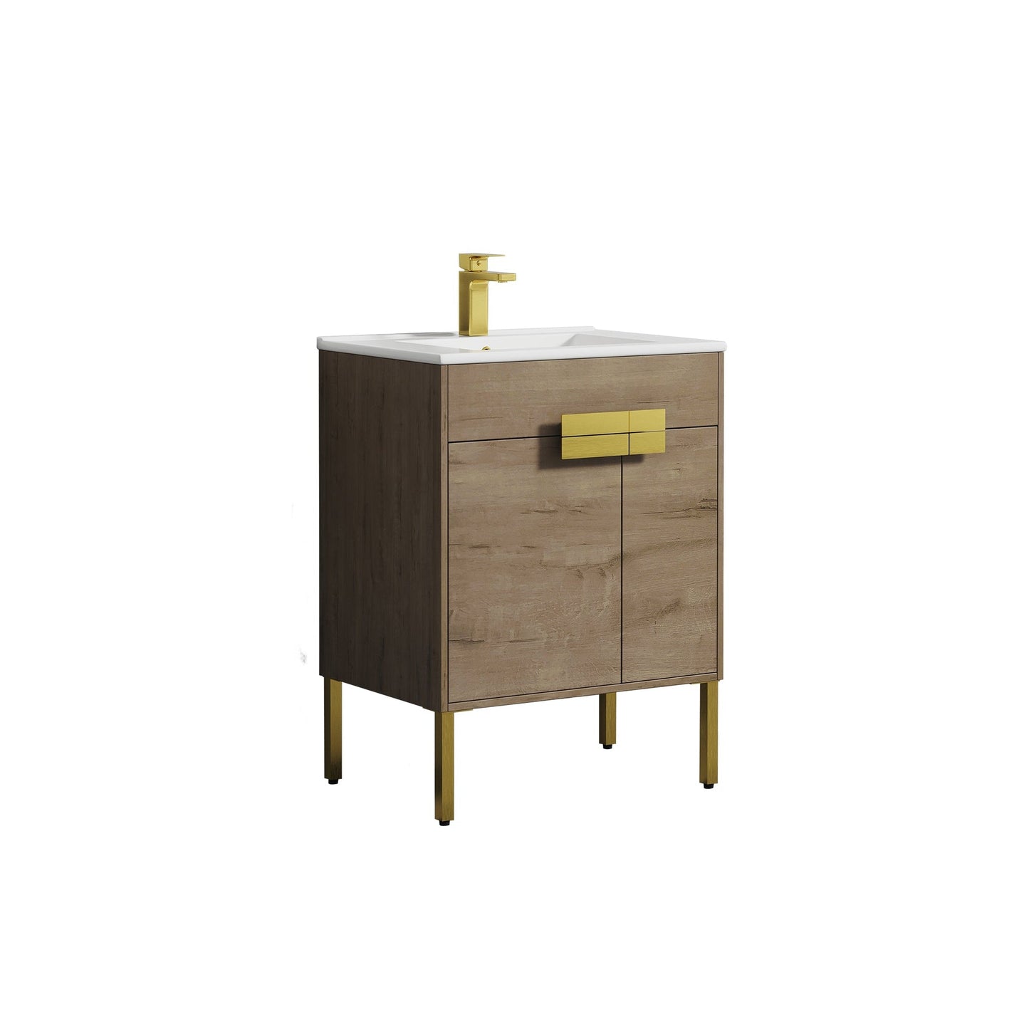 Blossom Bari 24" 2-Door Classic Oak Freestanding Single Vanity Base With Adjustable Shelf, Brushed Gold Handles & Legs