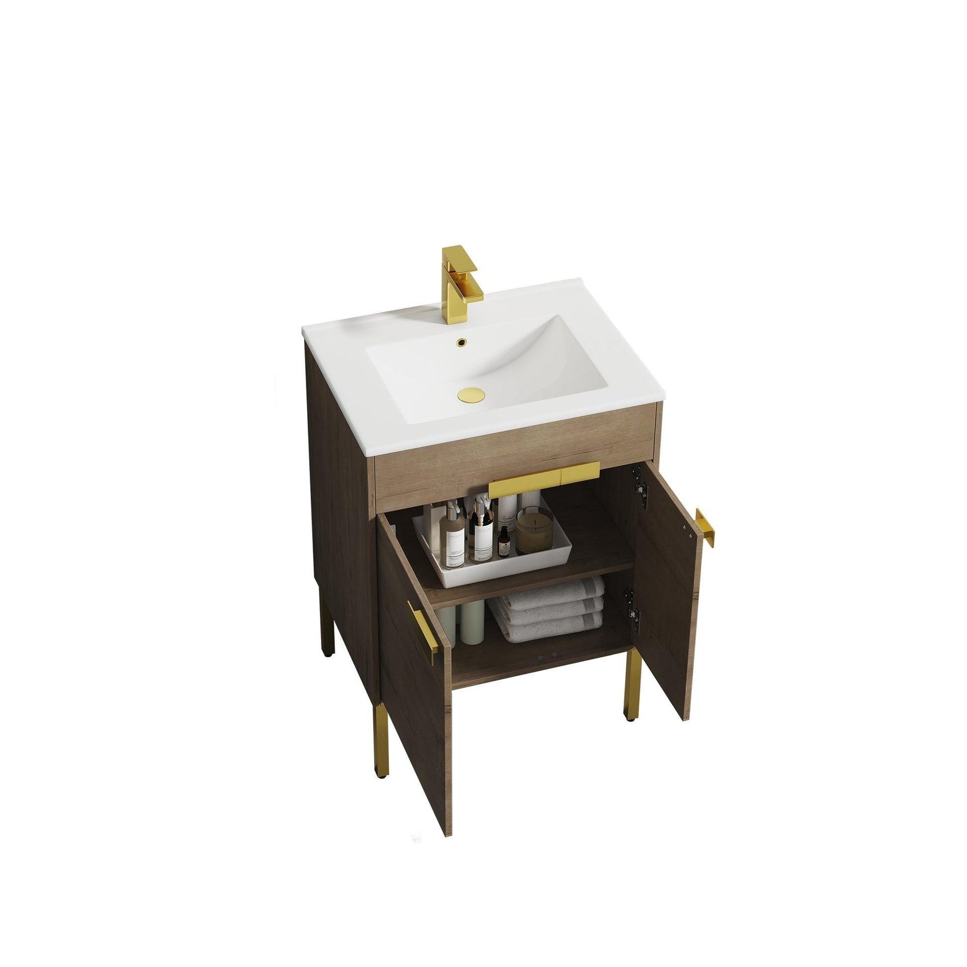 Blossom Bari 24" 2-Door Classic Oak Freestanding Single Vanity Base With Adjustable Shelf, Brushed Gold Handles & Legs