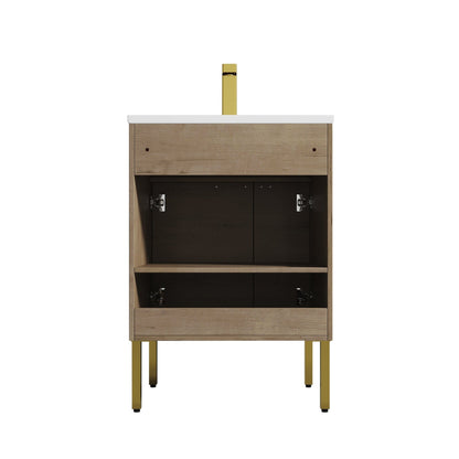 Blossom Bari 24" 2-Door Classic Oak Freestanding Single Vanity Base With Adjustable Shelf, Brushed Gold Handles & Legs