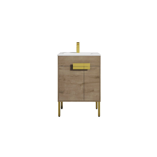 Blossom Bari 24" 2-Door Classic Oak Freestanding Single Vanity Base With Adjustable Shelf, Brushed Gold Handles & Legs