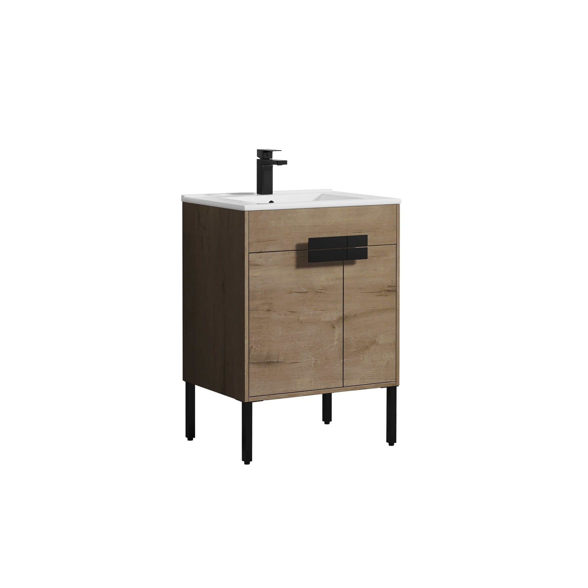 Blossom Bari 24" 2-Door Classic Oak Freestanding Single Vanity Base With Adjustable Shelf, Matte Black Handles & Legs