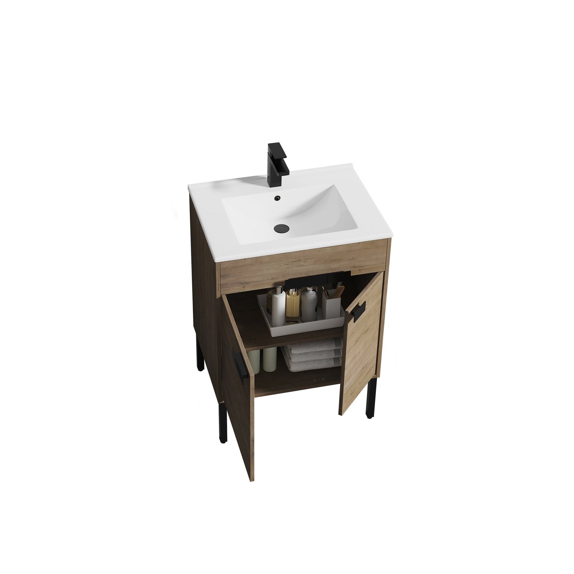 Blossom Bari 24" 2-Door Classic Oak Freestanding Single Vanity Base With Adjustable Shelf, Matte Black Handles & Legs