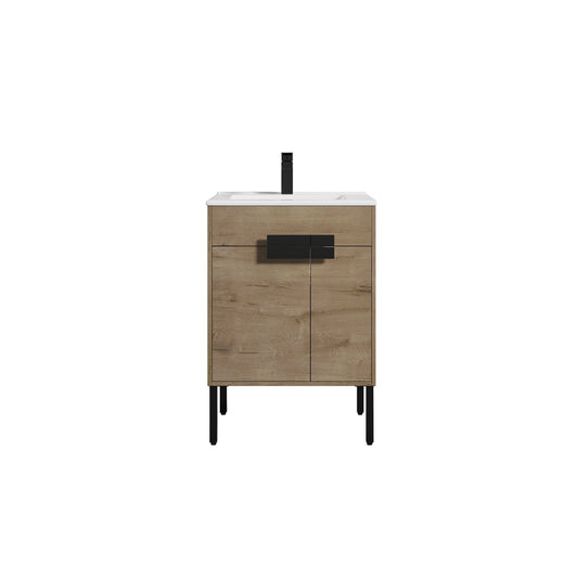 Blossom Bari 24" 2-Door Classic Oak Freestanding Single Vanity Base With Adjustable Shelf, Matte Black Handles & Legs