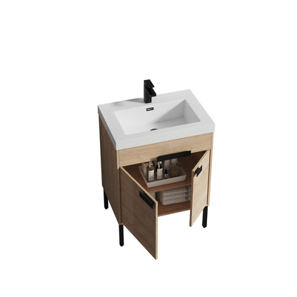 Blossom Bari 24" 2-Door Maple Freestanding Single Vanity Base With Adjustable Shelf, Matte Black Handles & Legs