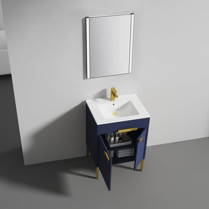 Blossom Bari 24" 2-Door Navy Blue Freestanding Single Vanity Base With Adjustable Shelf, Brushed Gold Handles & Legs