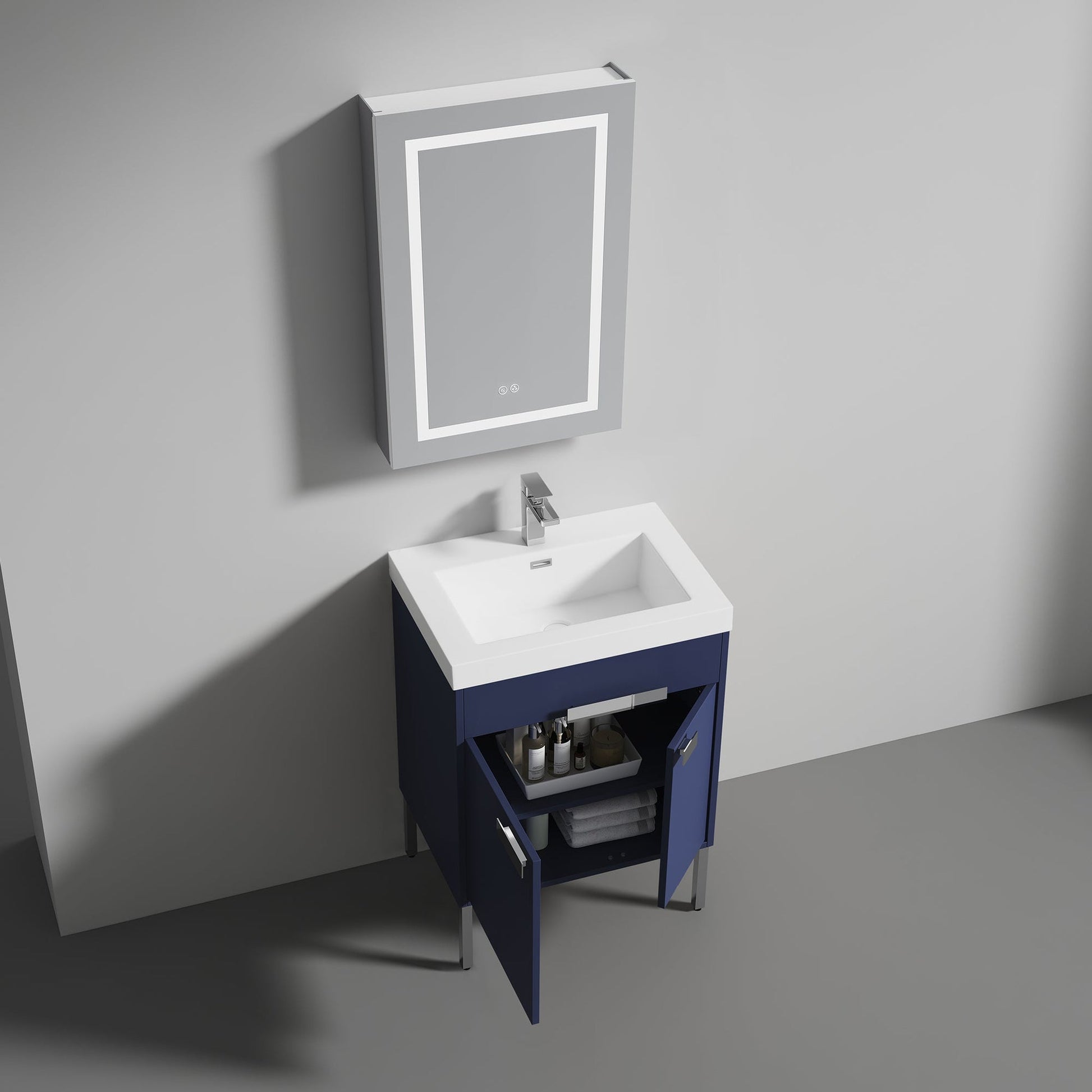 Blossom Bari 24" 2-Door Navy Blue Freestanding Single Vanity Base With Adjustable Shelf, Chrome Handles & Legs