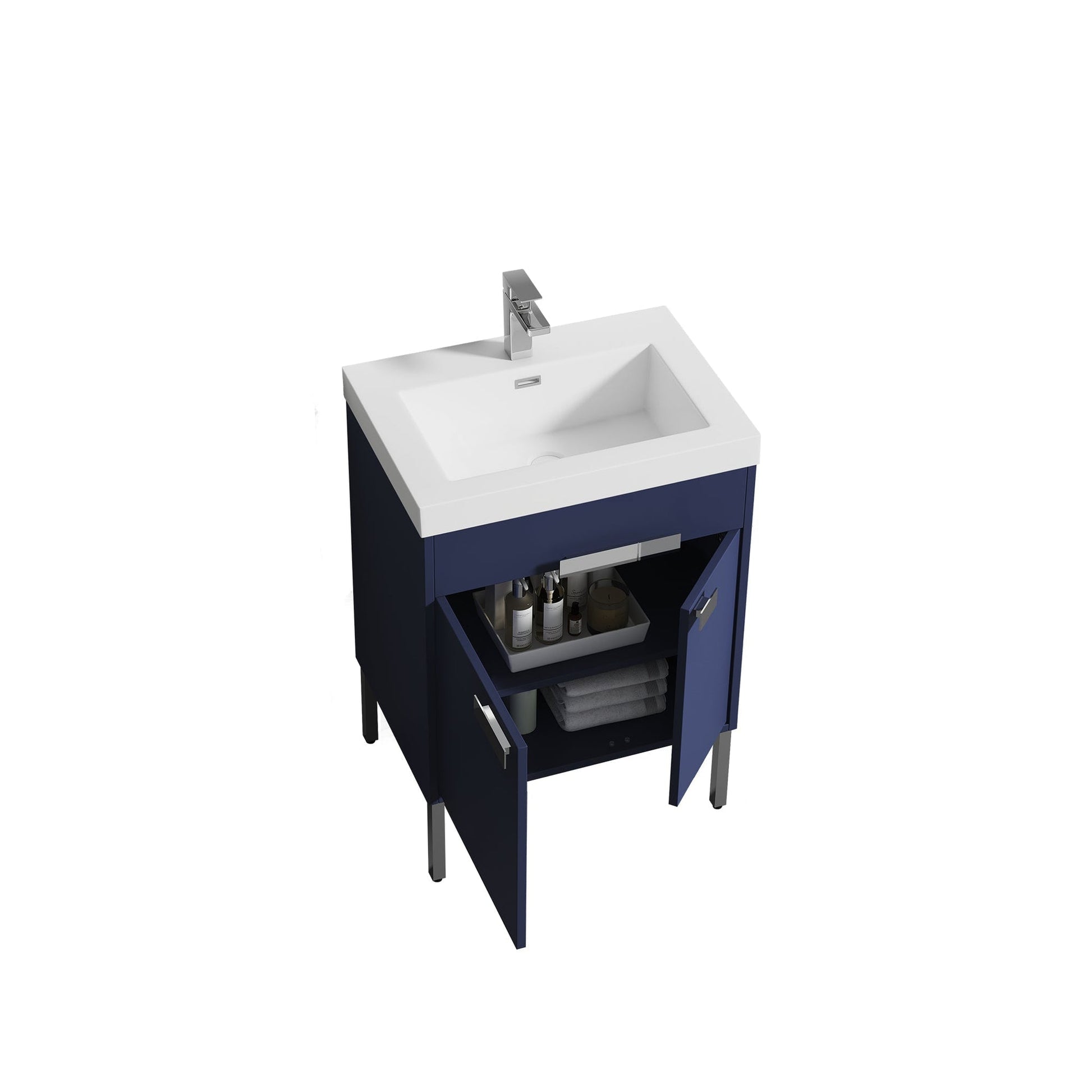 Blossom Bari 24" 2-Door Navy Blue Freestanding Single Vanity Base With Adjustable Shelf, Chrome Handles & Legs