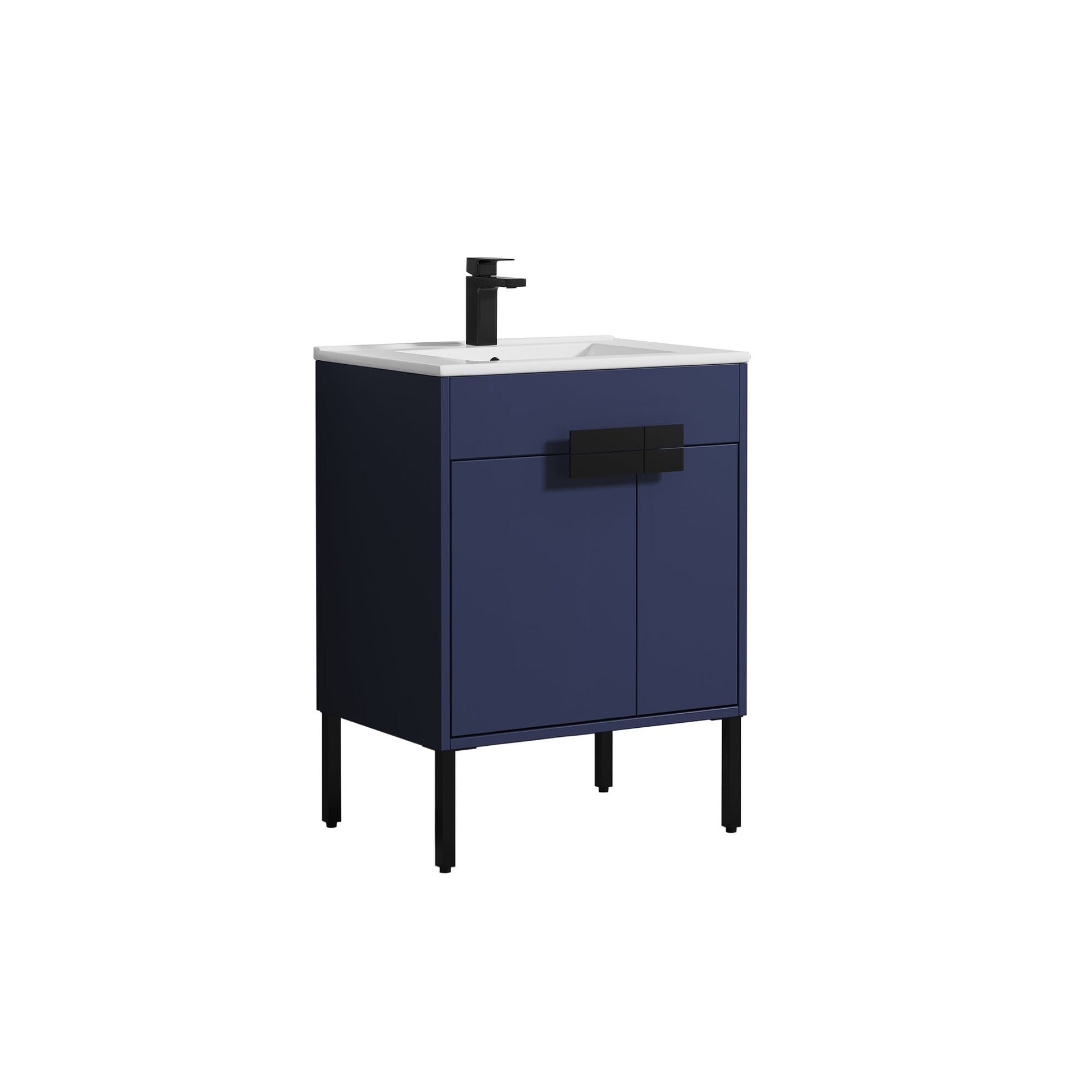 Blossom Bari 24" 2-Door Navy Blue Freestanding Single Vanity Base With Adjustable Shelf, Matte Black Handles & Legs