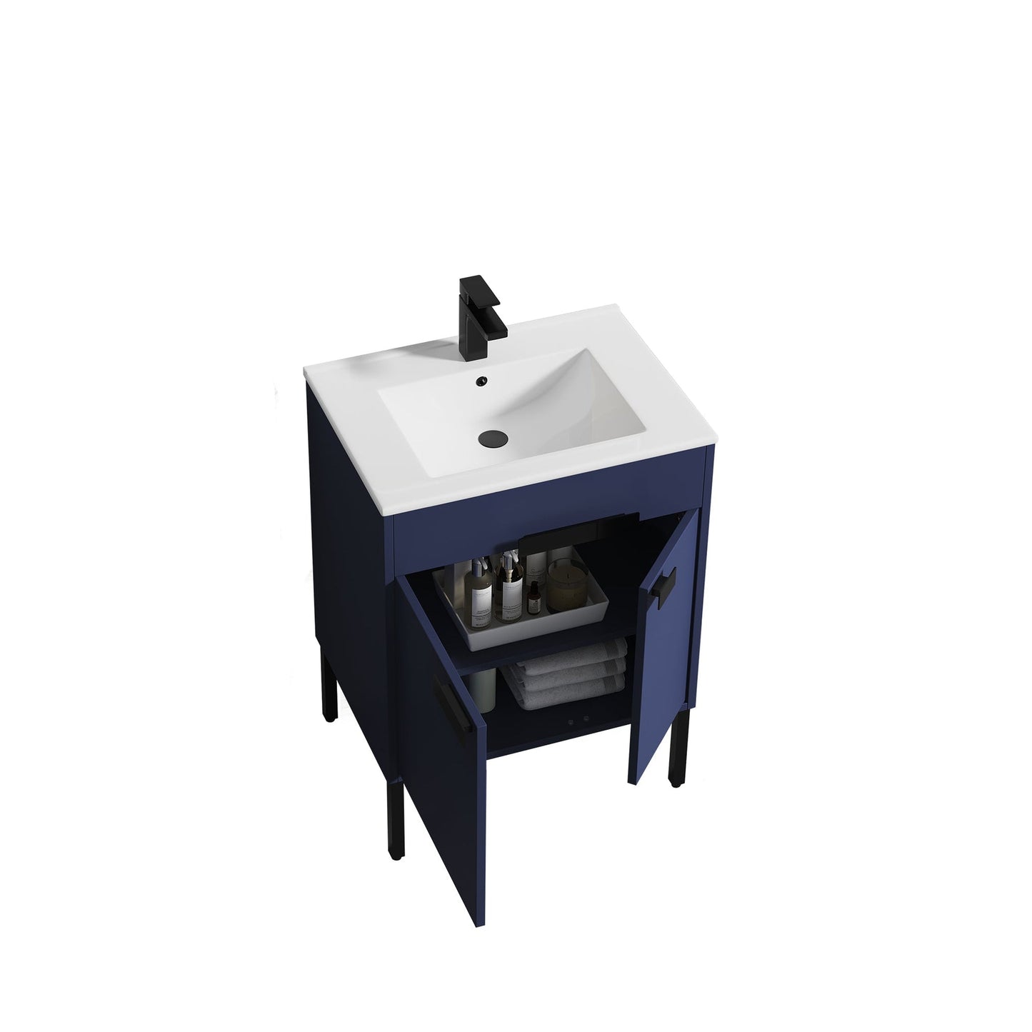 Blossom Bari 24" 2-Door Navy Blue Freestanding Single Vanity Base With Adjustable Shelf, Matte Black Handles & Legs