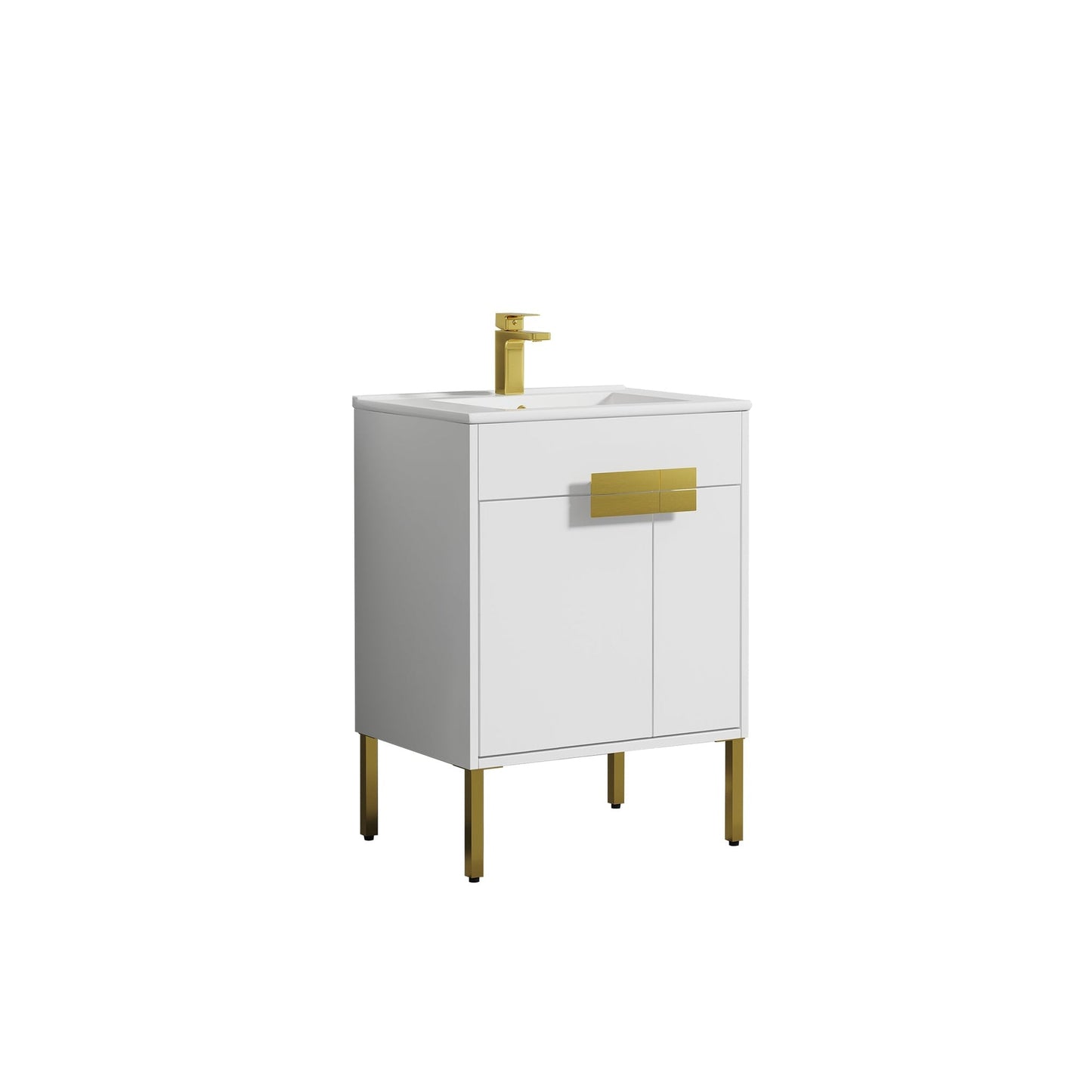 Blossom Bari 24" 2-Door White Freestanding Single Vanity Base With Adjustable Shelf, Brushed Gold Handles & Legs