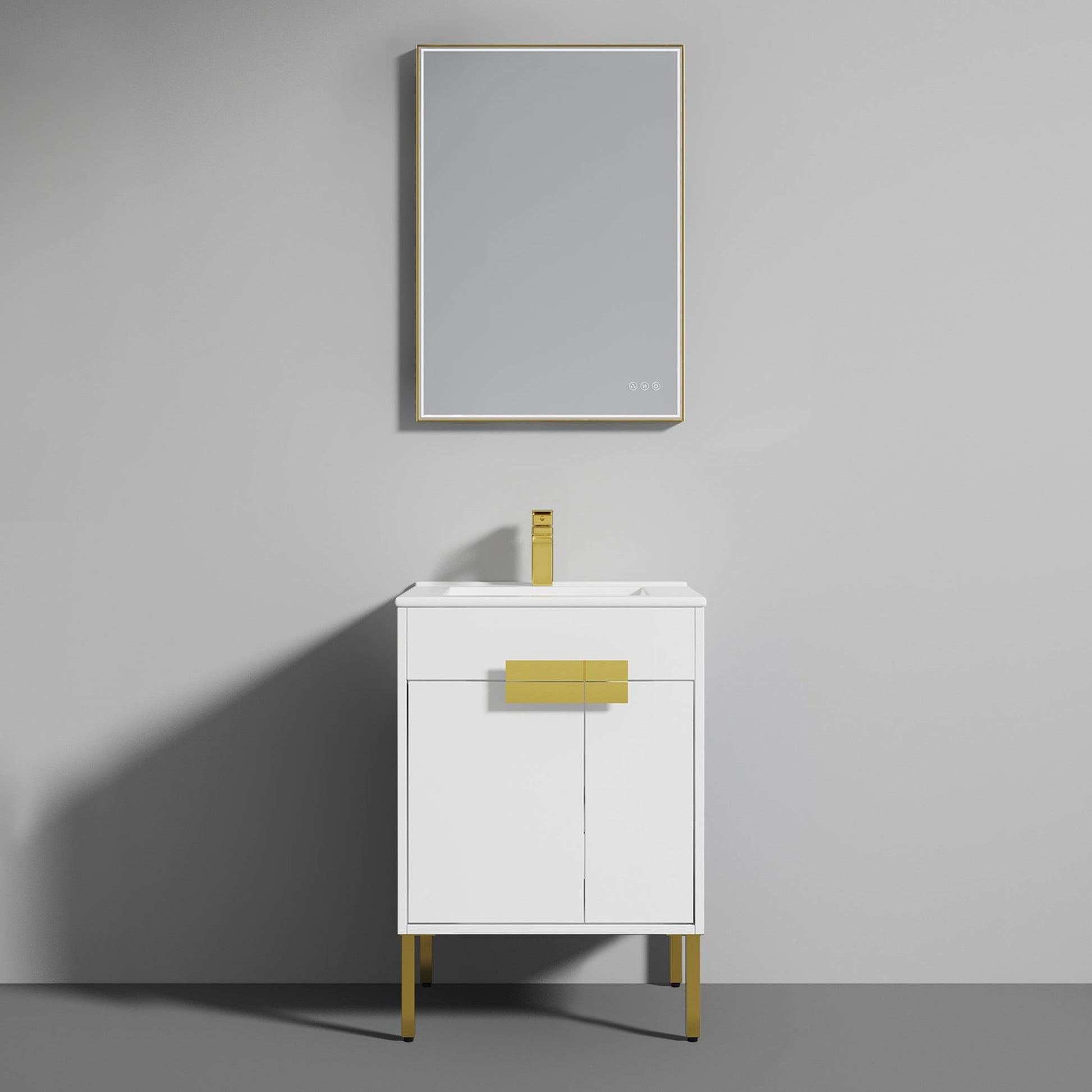 Blossom Bari 24" 2-Door White Freestanding Single Vanity Base With Adjustable Shelf, Brushed Gold Handles & Legs