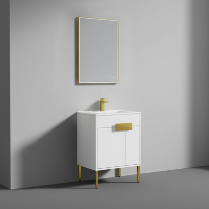 Blossom Bari 24" 2-Door White Freestanding Single Vanity Base With Adjustable Shelf, Brushed Gold Handles & Legs