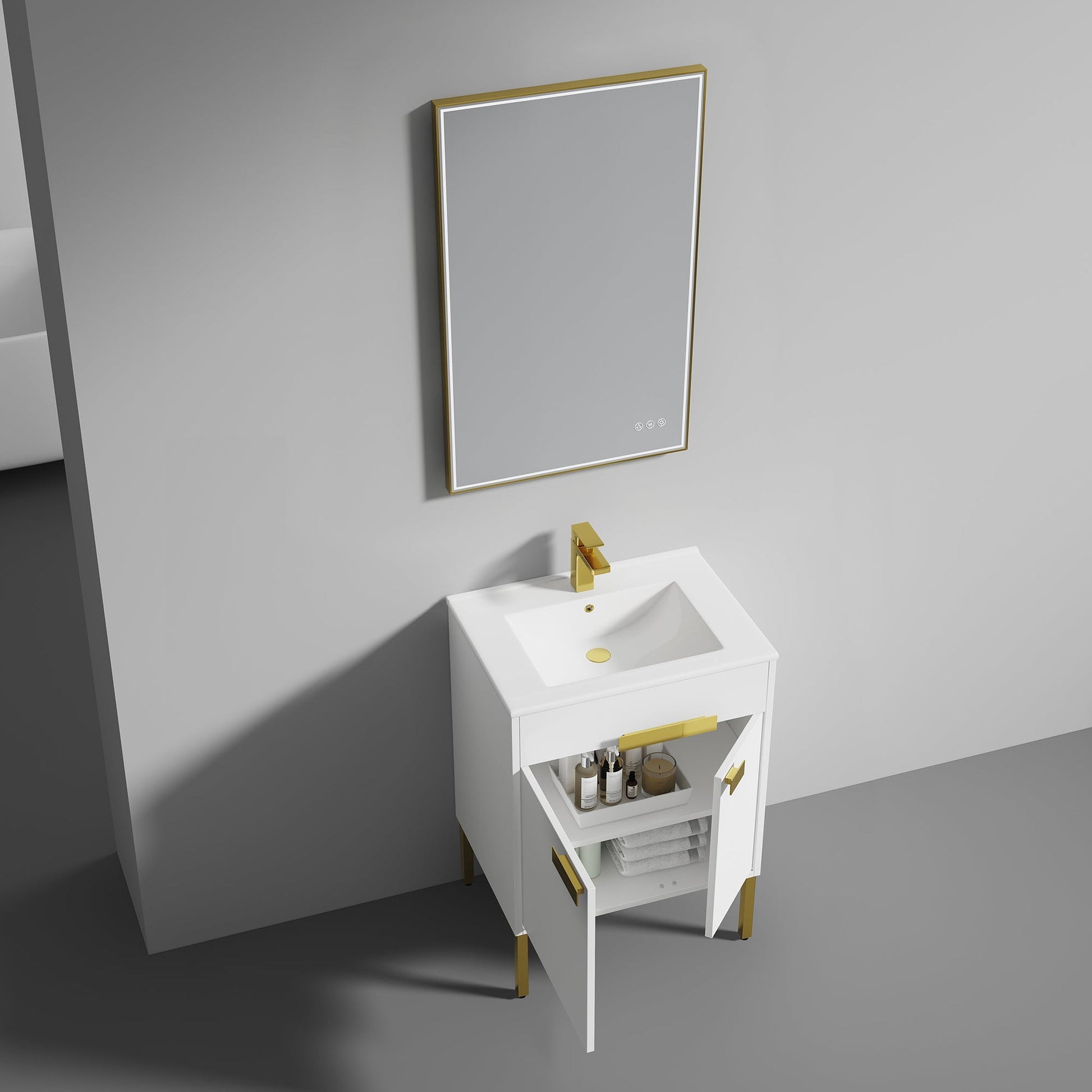 Blossom Bari 24" 2-Door White Freestanding Single Vanity Base With Adjustable Shelf, Brushed Gold Handles & Legs