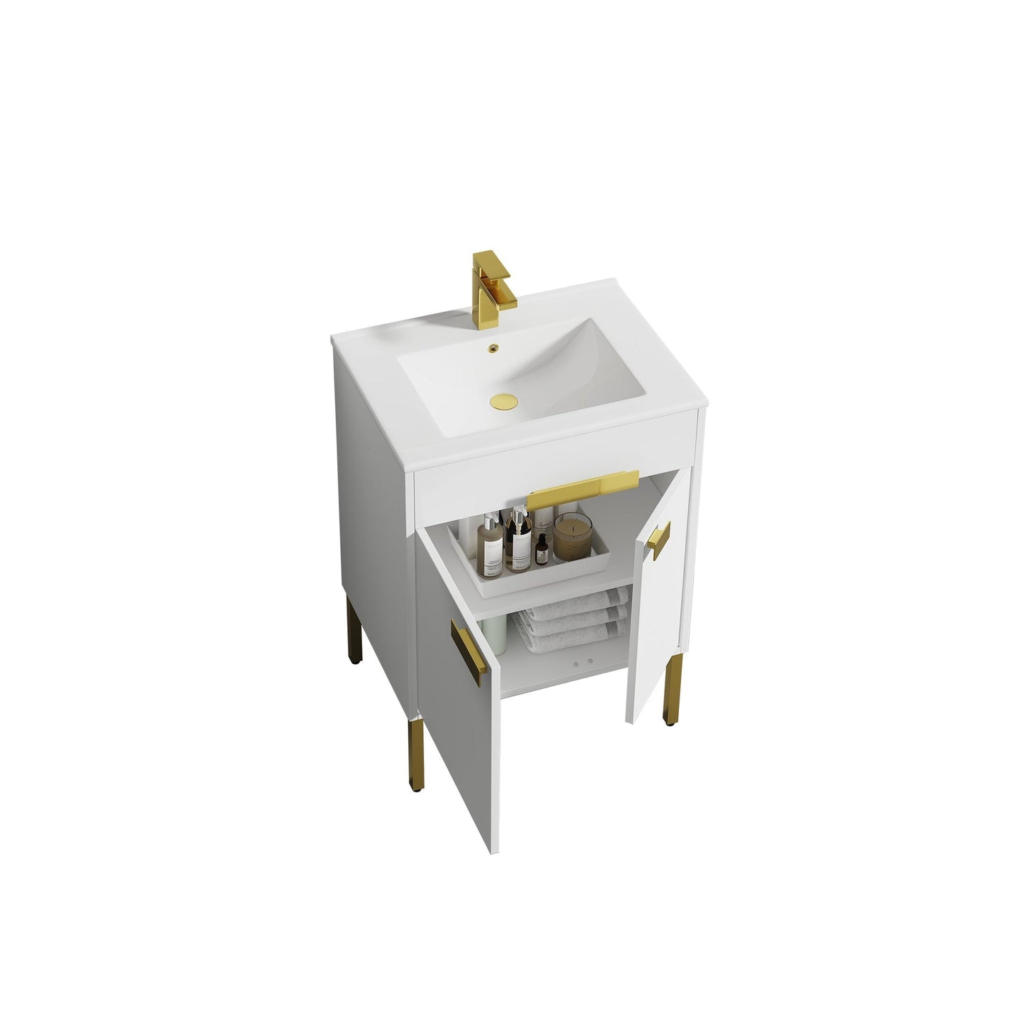 Blossom Bari 24" 2-Door White Freestanding Single Vanity Base With Adjustable Shelf, Brushed Gold Handles & Legs