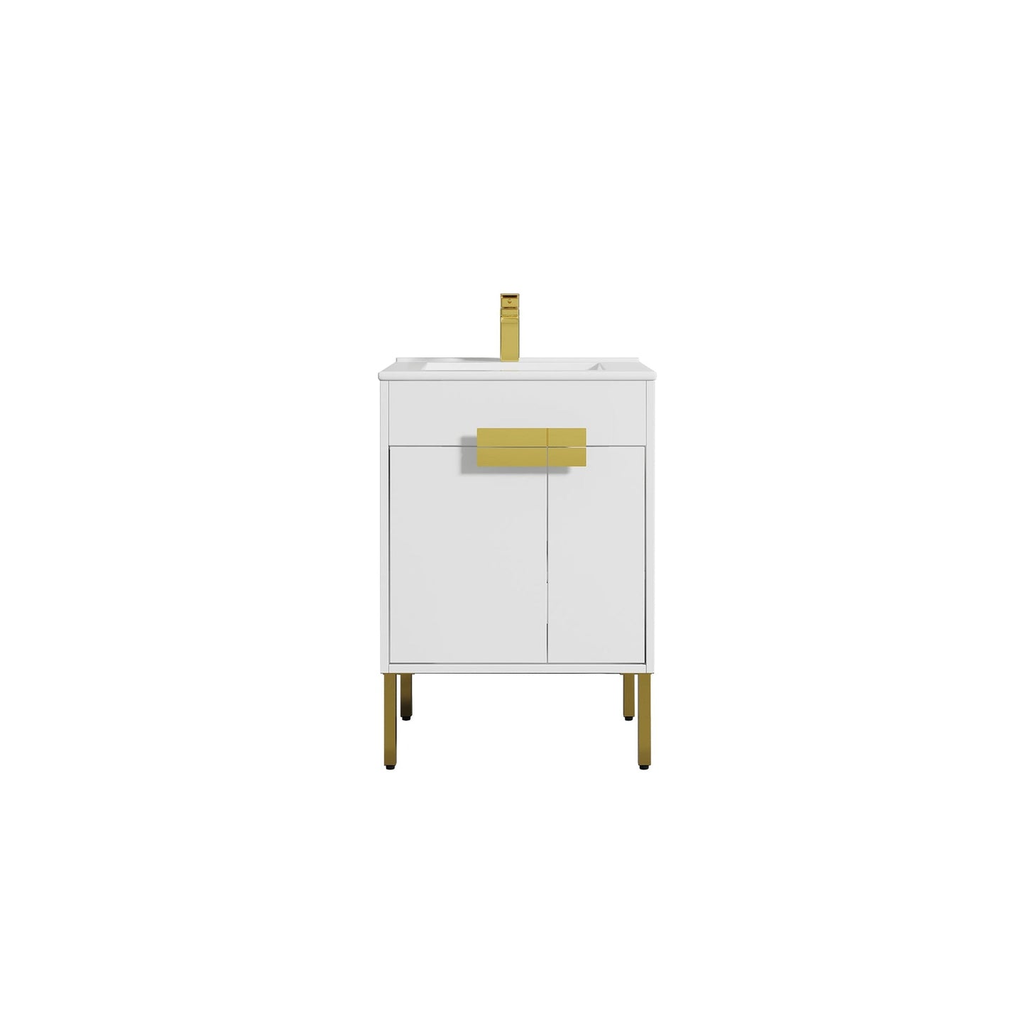 Blossom Bari 24" 2-Door White Freestanding Single Vanity Base With Adjustable Shelf, Brushed Gold Handles & Legs