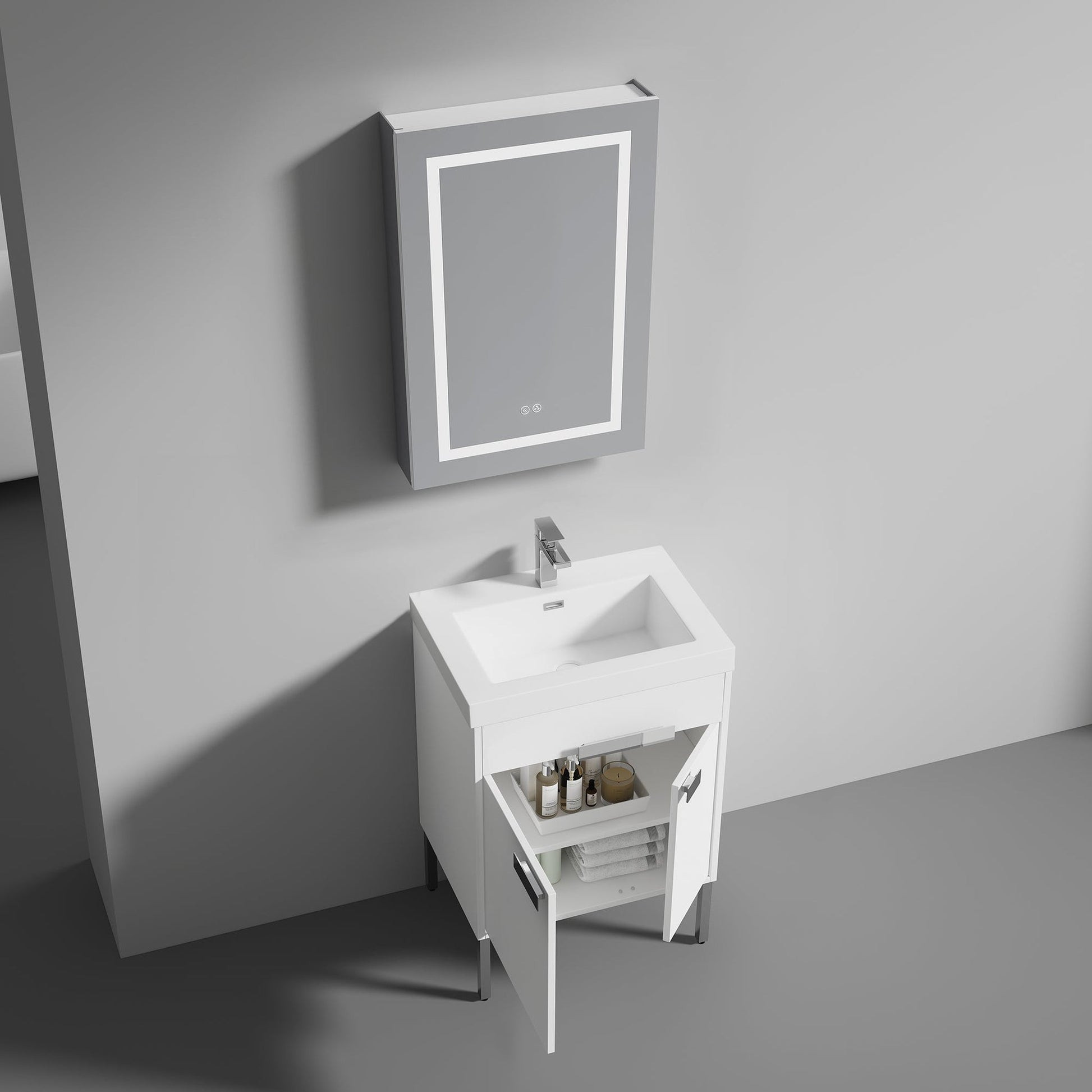 Blossom Bari 24" 2-Door White Freestanding Single Vanity Base With Adjustable Shelf, Chrome Handles & Legs