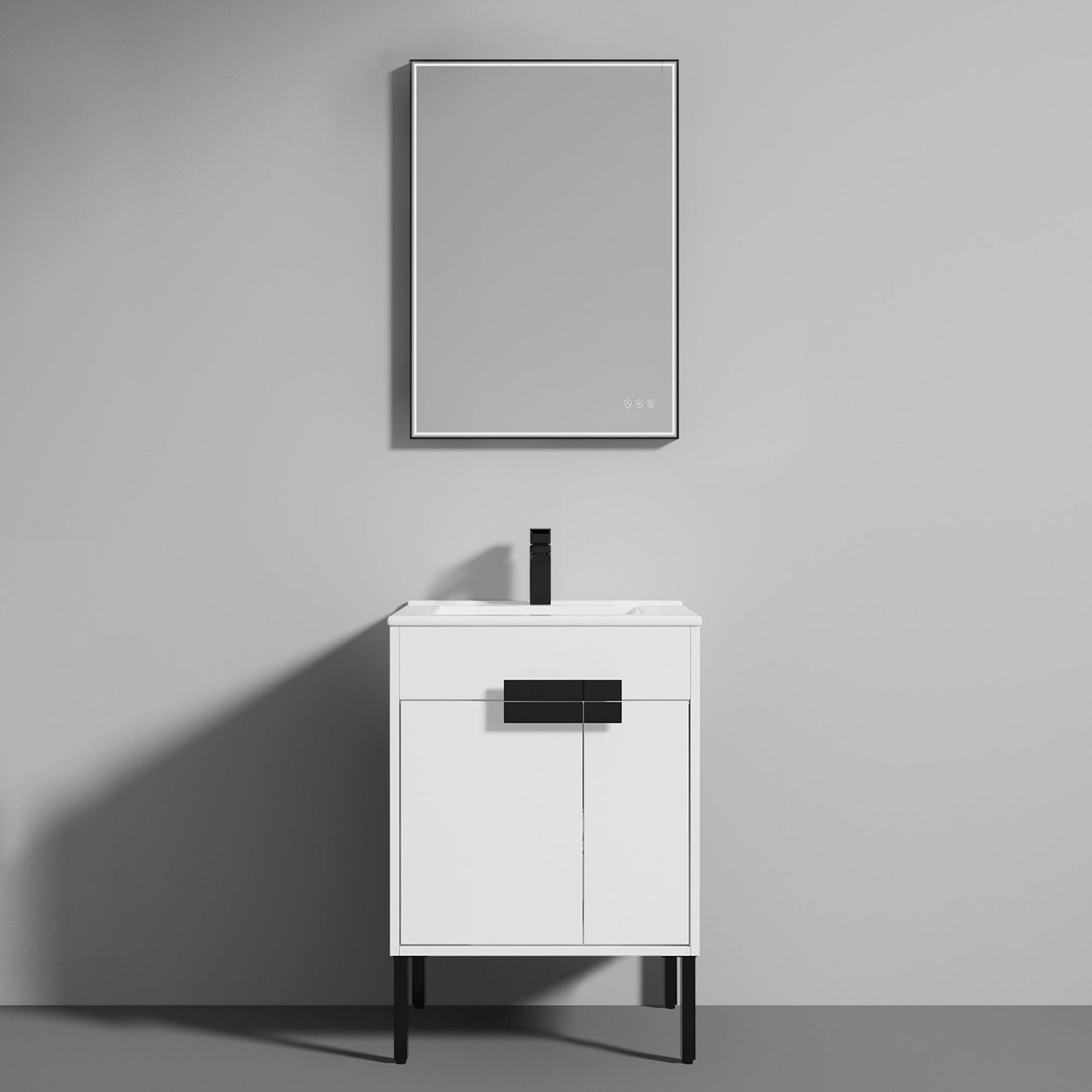 Blossom Bari 24" 2-Door White Freestanding Single Vanity Base With Adjustable Shelf, Matte Black Handles & Legs