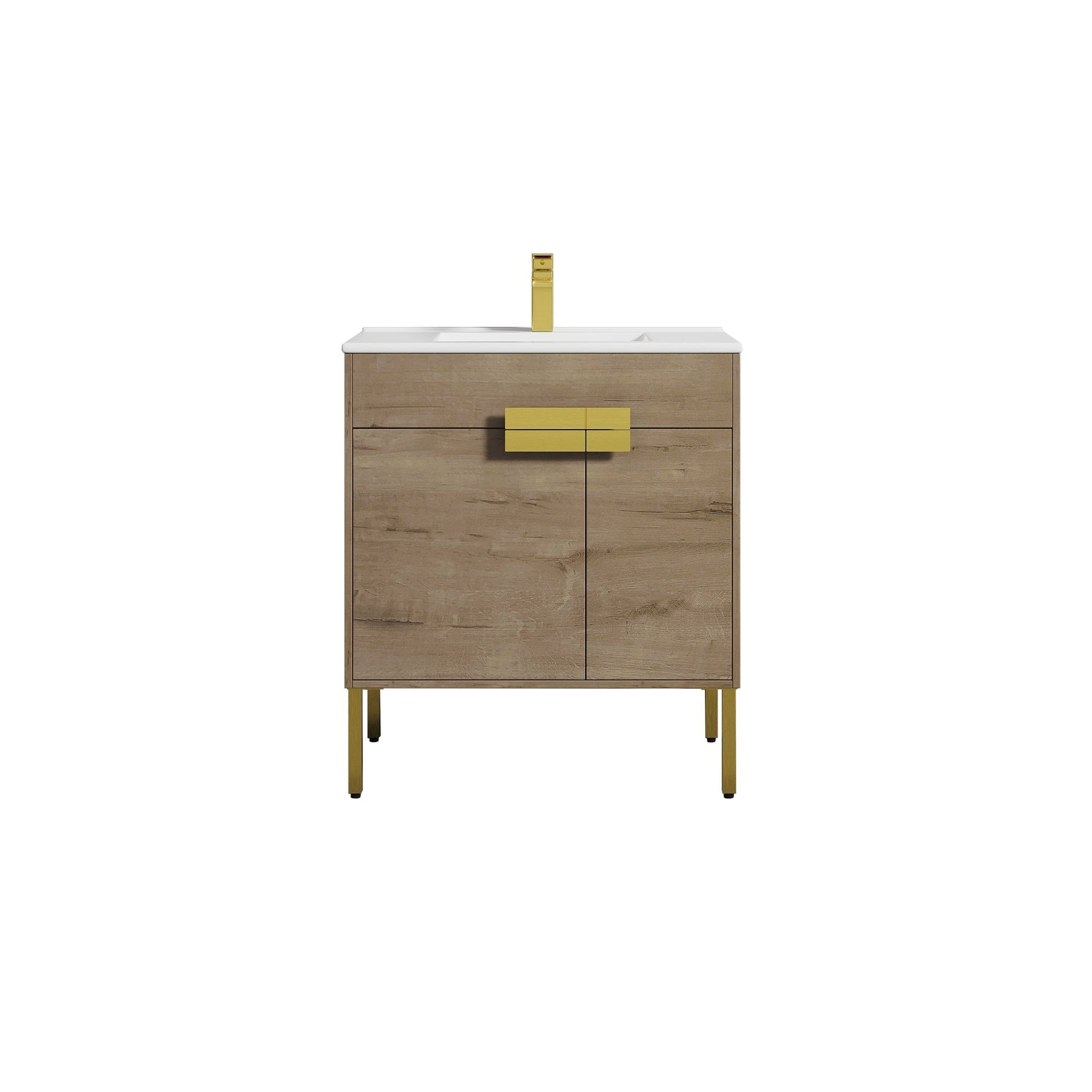 Blossom Bari 30" 2-Door Classic Oak Freestanding Single Vanity Base With Adjustable Shelf, Brushed Gold Handles & Legs
