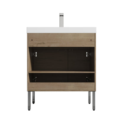 Blossom Bari 30" 2-Door Classic Oak Freestanding Single Vanity Base With Adjustable Shelf, Chrome Handles & Legs